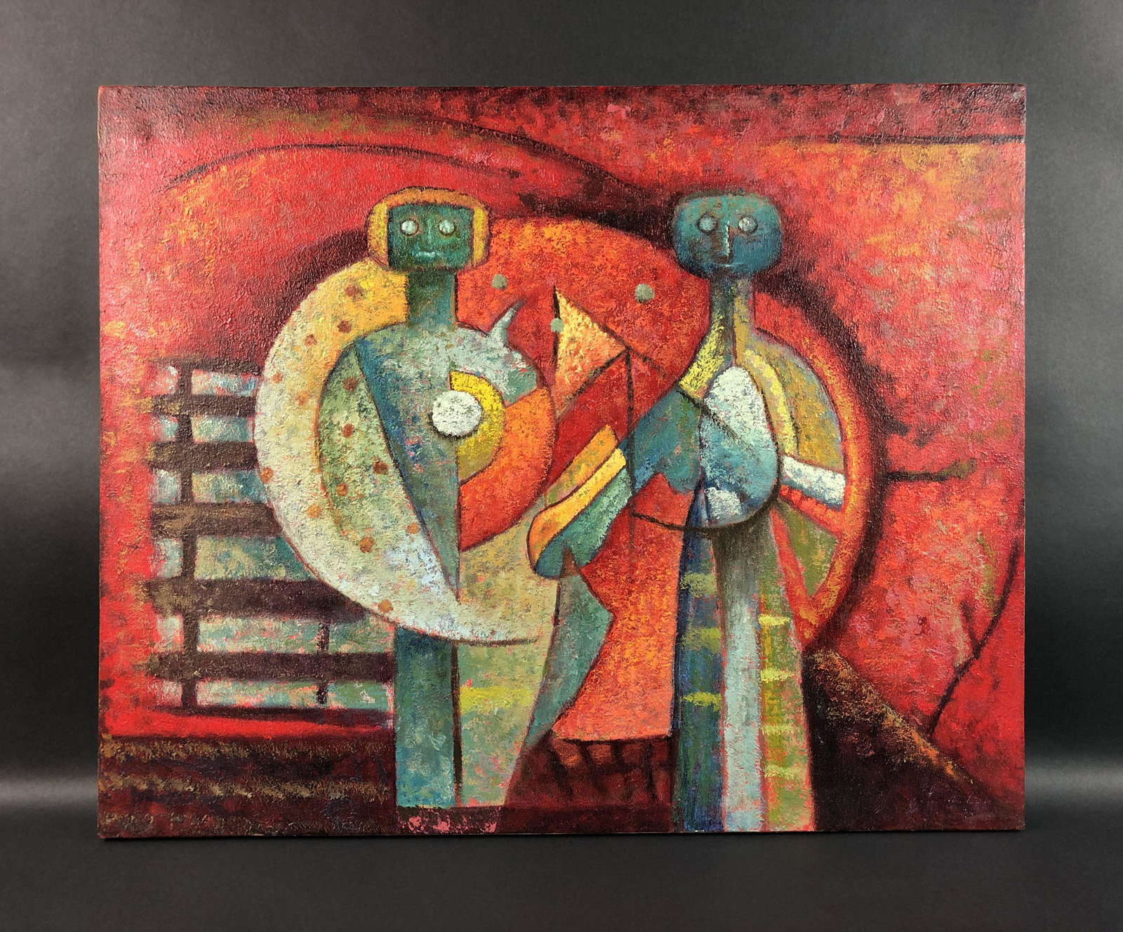 Rufino Tamayo - Acrylic on Canvas (style of): This lot consists of an acrylic painting on canvas, done in the modern style of Cubist artist Rufino Tamayo (Mexican, 1899-1991). "Tamayo 51" is written by hand on reverse side of canvas. This richly 