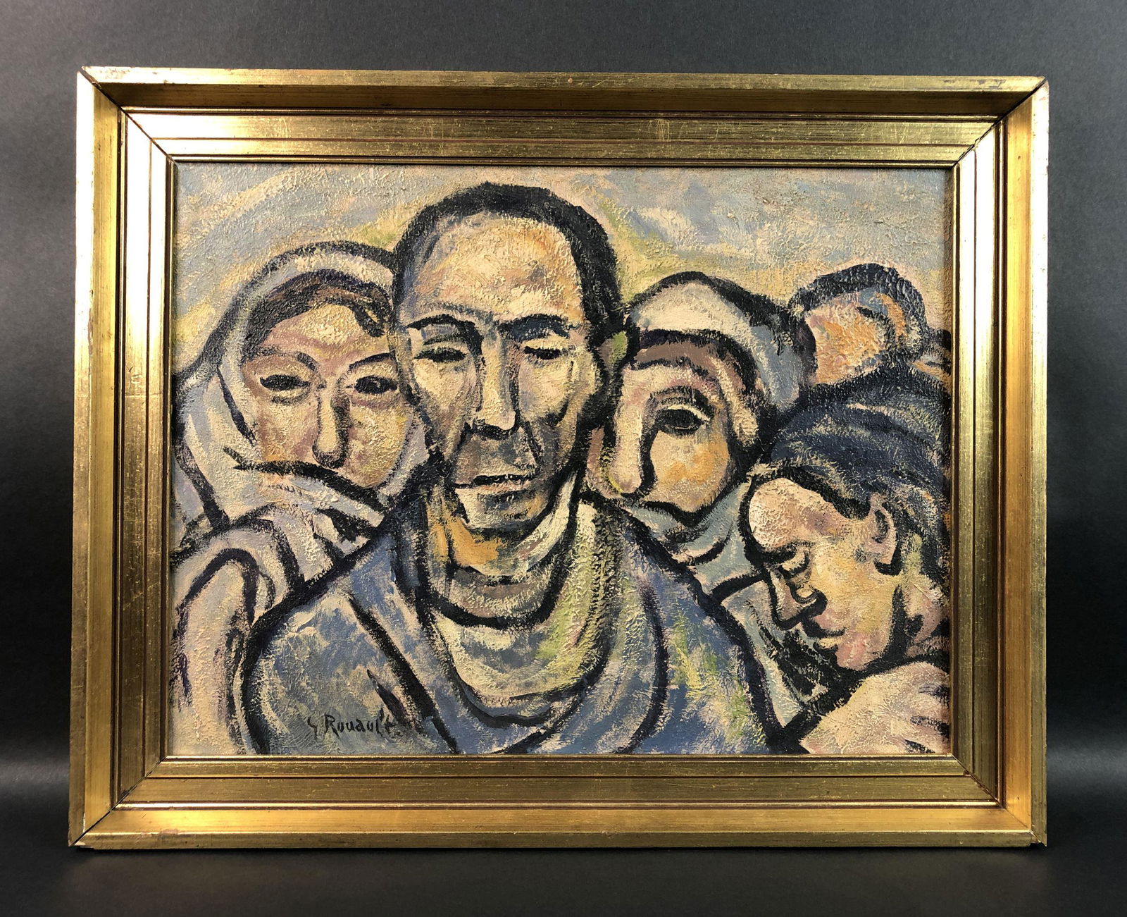 Georges Rouault - Oil on Canvas (style of): This lot consists of a framed oil painting on canvas, done in the Fauvist style of Georges Rouault (French, 1871-1958). Image depicts a huddle of human figures, all cast in cool earth tones and bold l