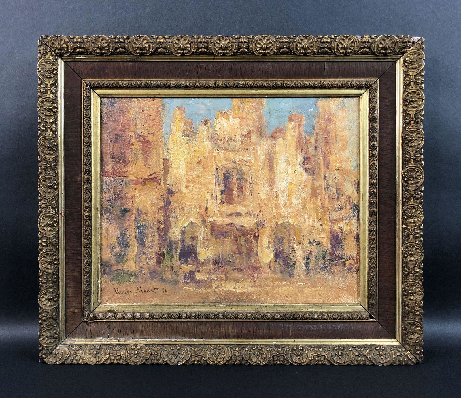 Claude Monet - Oil on Board (style of): This lot consists of a framed oil painting on board, done in the shimmering, Impressionistic style of Claude Monet (French, 1840-1926). "Claude Monet 94" is hand written at lower left. Awash in tones