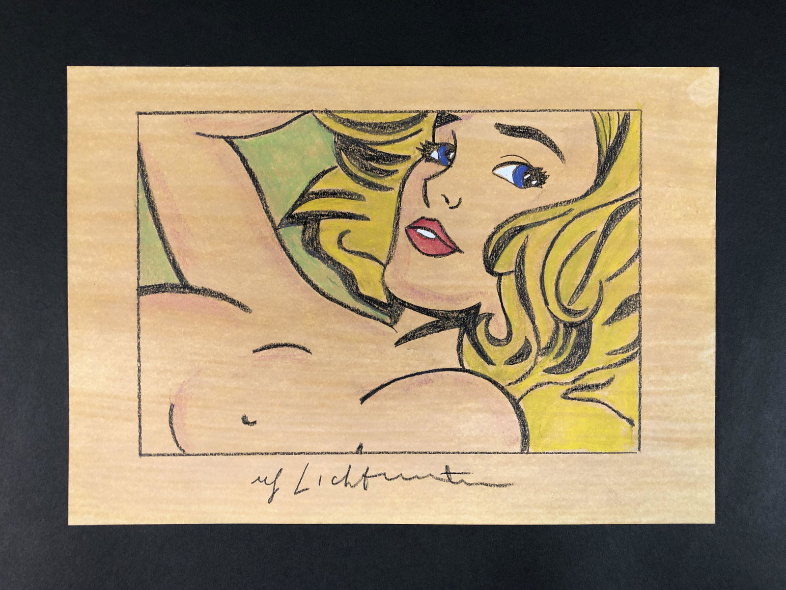 Roy Lichtenstein - Pencil/Paper (style of): This lot consists of an unframed colored pencil illustration on paper, executed in the pop art style of modern artist Roy Lichtenstein (American, 1923-1997). "Roy Lichtenstein" is inscribed at the bot