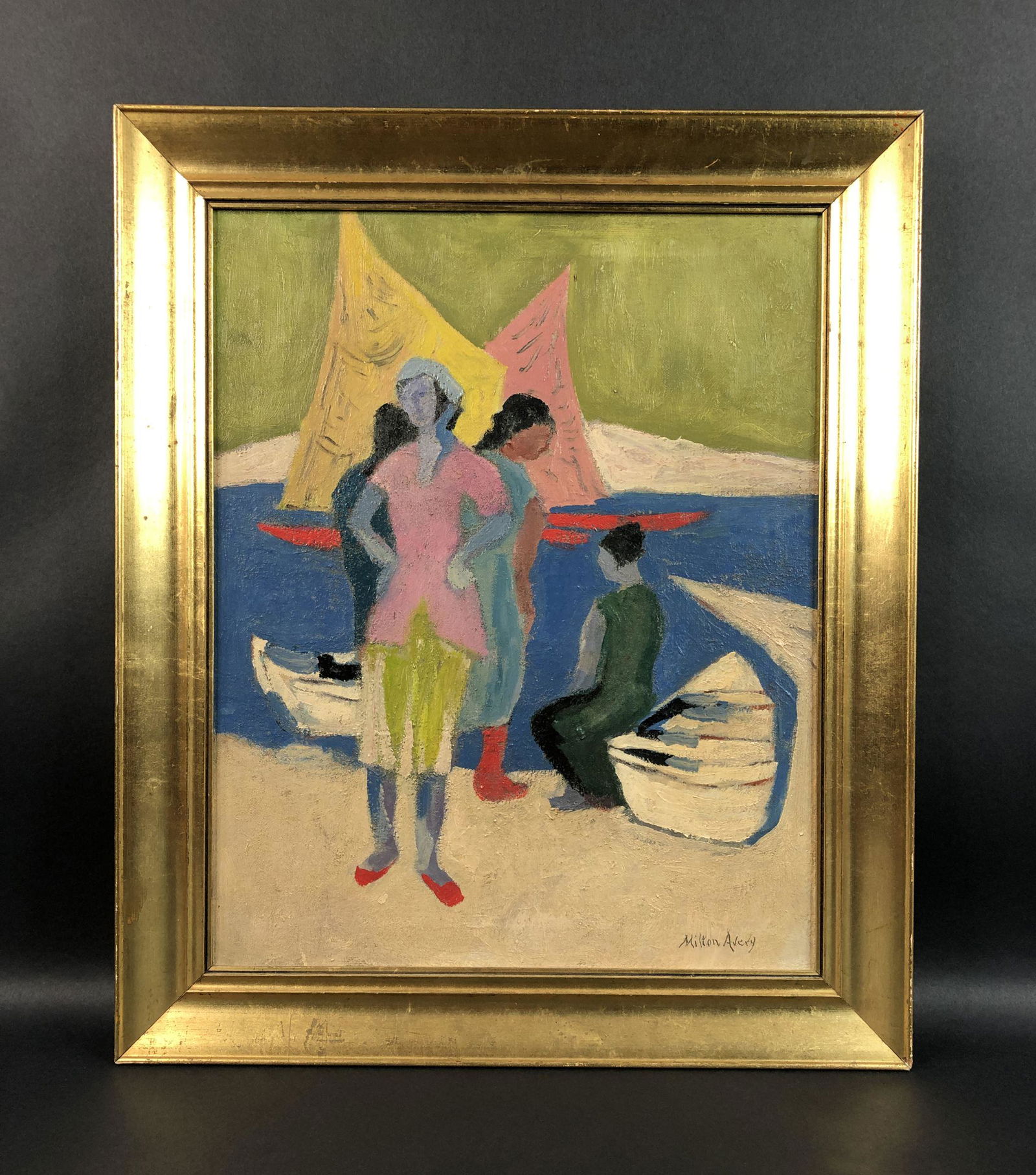 Modern Art Painting - Oil on Canvas (style of): This lot consists of a framed oil painting on canvas, done in the modern art style. Image depicts a small cluster of figures at the seashore, with splendid sailboats unfurling their sails just beyond.