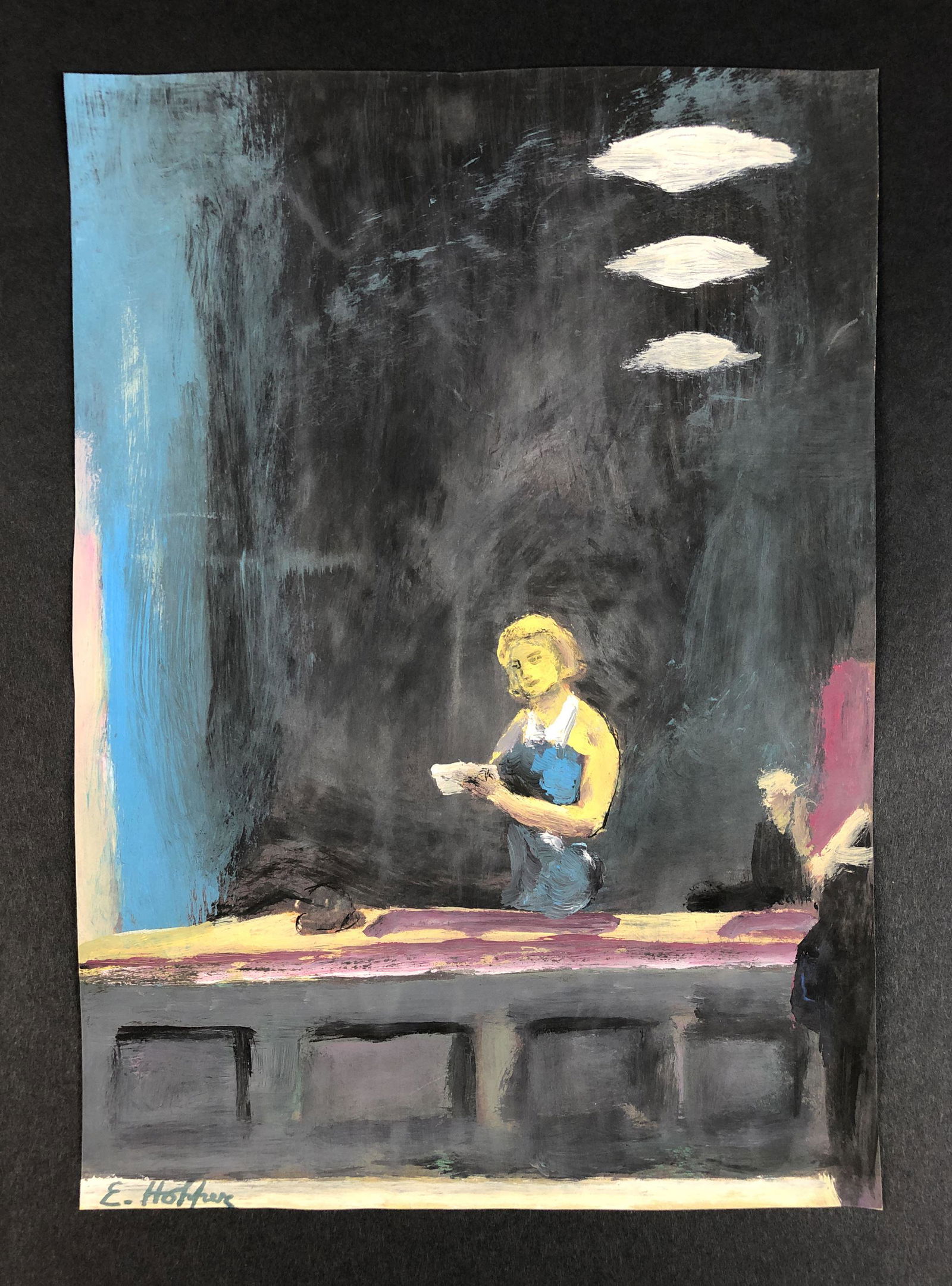 Edward Hopper - Gouache on Paper (style of): This lot consists of a gouache illustration on paper, done in the realist style of Edward Hopper (American, 1882-1967). Hand inscription at bottom left reads, "E. Hopper". Image depicts a young woman