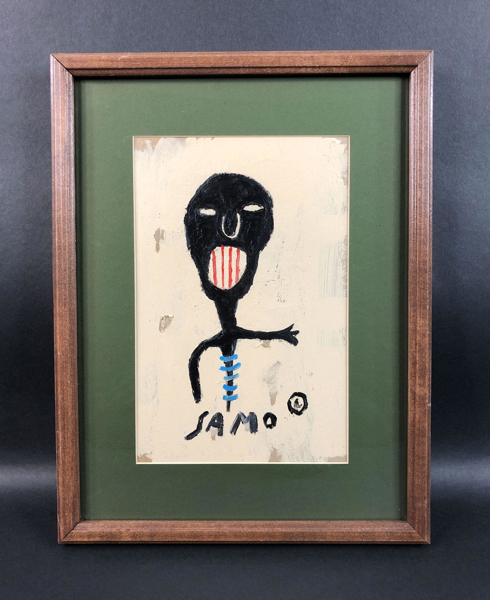 Jean-Michel Basquiat - Gouache/Board (style of): This lot consists of a hand painted gouache illustration on board, done in the style of the elusive street artist, Jean-Michel Basquiat (American, 1960-1988). The figure at the center of this stark co