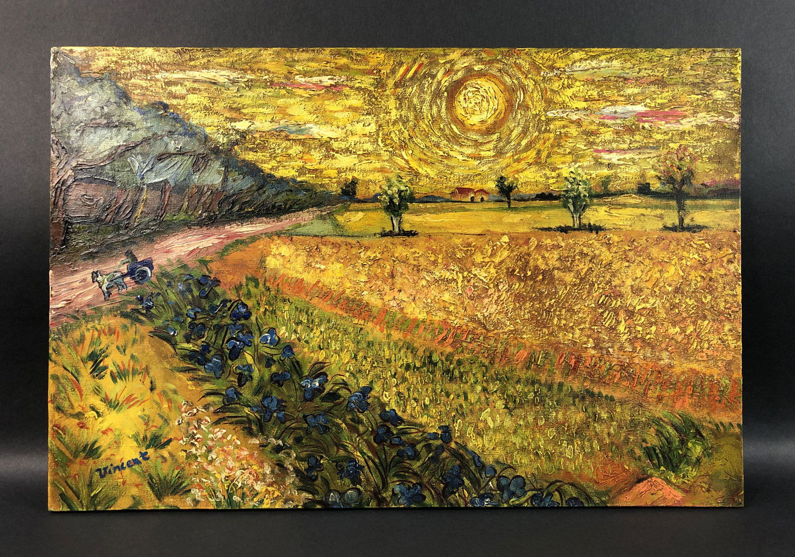 Vincent Van Gogh - Oil on Canvas (style of): This lot consists of a hand-painted oil on canvas, done in the style of Post-Impressionist painter Vincent van Gogh (Dutch, 1853-1890). "Vincent" is painted at bottom left corner of composition. Image