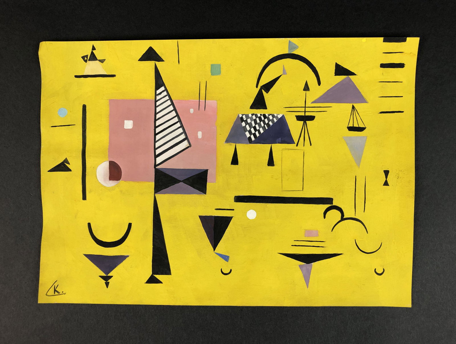 Wassily Kandinsky - Gouache on Paper (style of): This lot consists of an unframed gouache illustration on paper, rendered in the abstract expressionist style of modern artist Wassily Kandinsky (Russian, 1866 - 1944). "K" is hand painted at lower lef