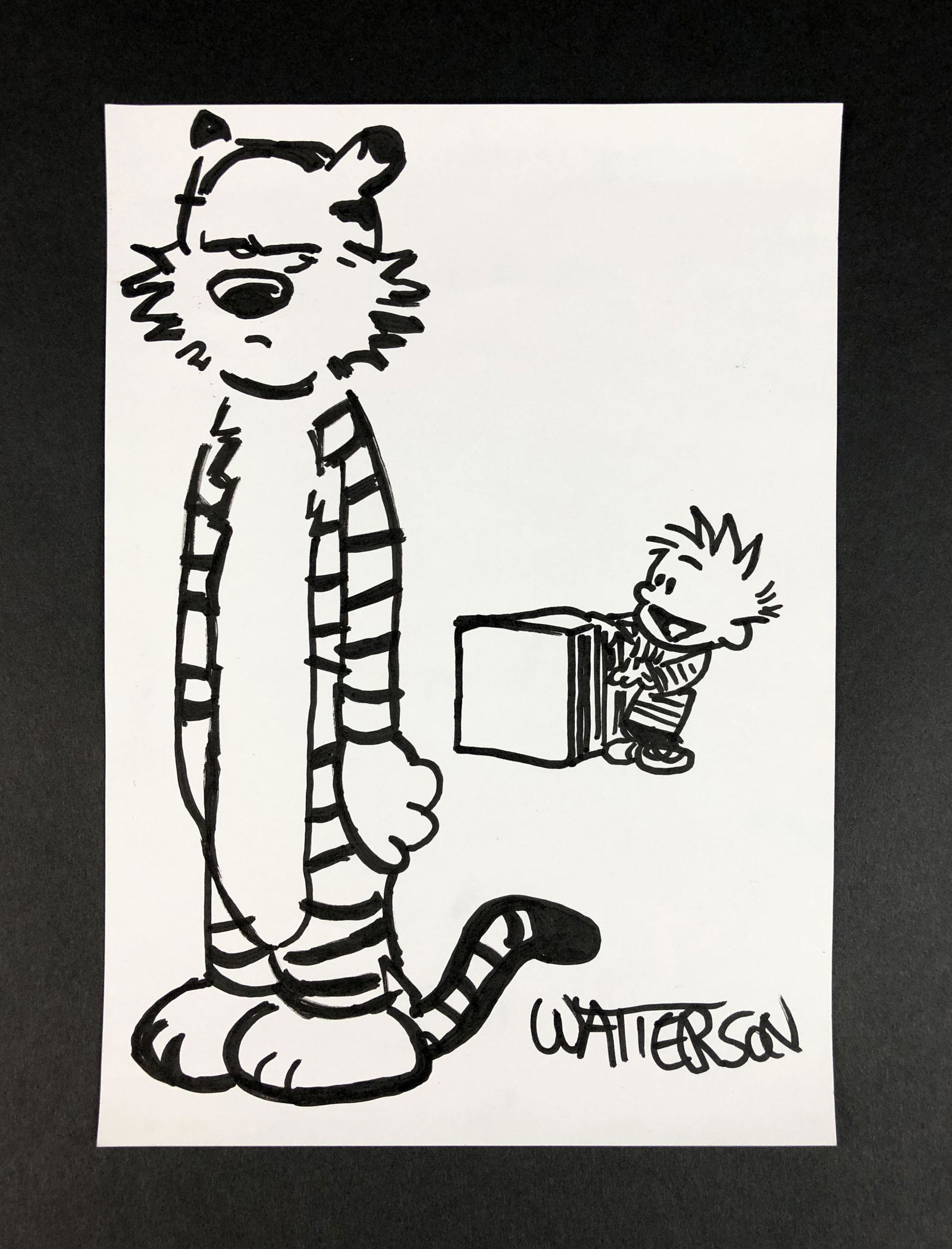 Bill Watterson - Ink on Paper (style of): This lot consists of an ink illustration on paper, done in the distinctive cartoon style of Bill Watterson (American, 1958 - ). Handwritten ink inscription at bottom right reads, "Watterson". This cha