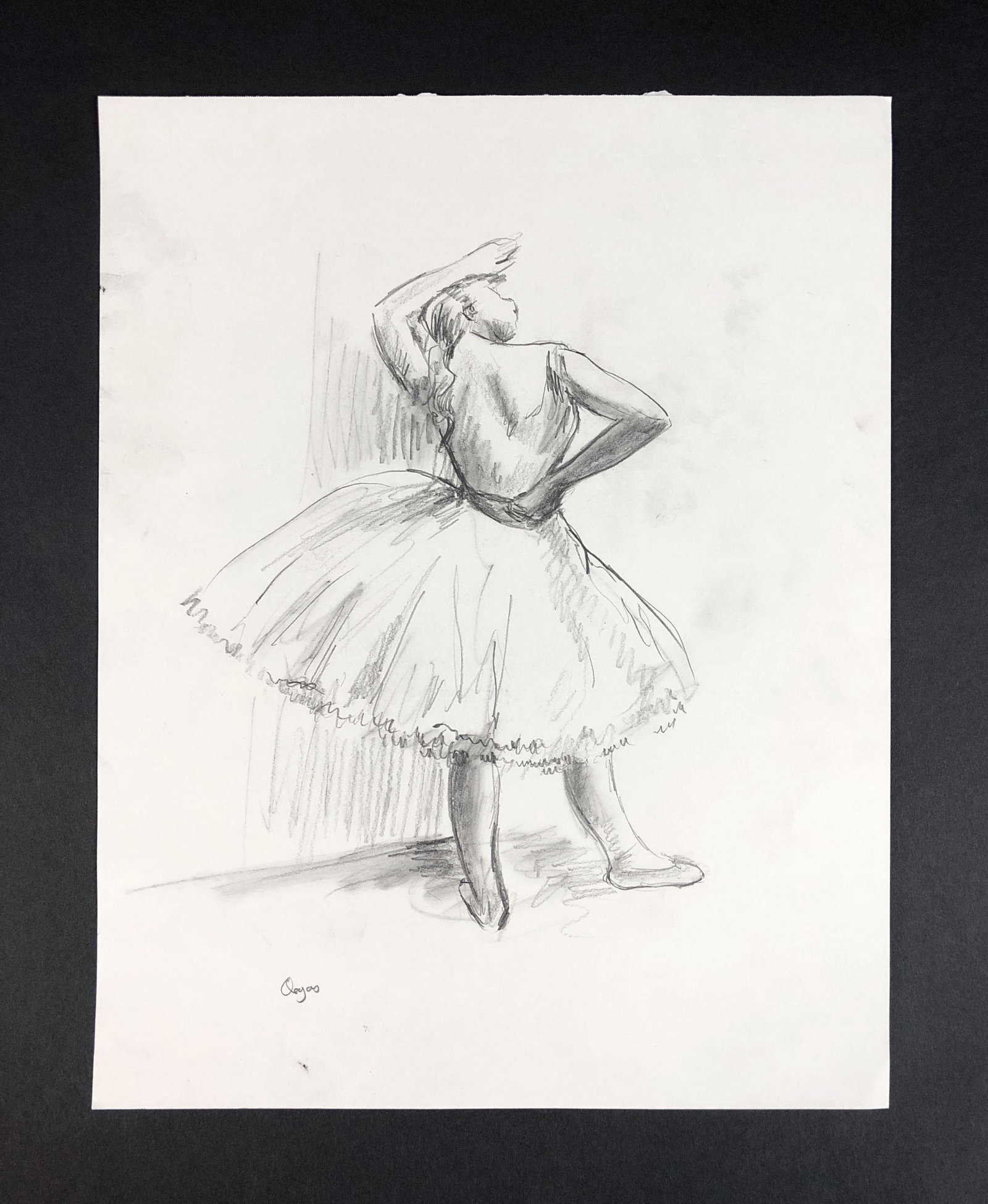 Edgar Degas - Graphite on Paper (style of): This lot consists of an unframed graphite illustration on paper, done in the impressionist style of Edgar Degas (French, 1834-1917). "Degas" is hand written at bottom left. Image depicts a ballet danc
