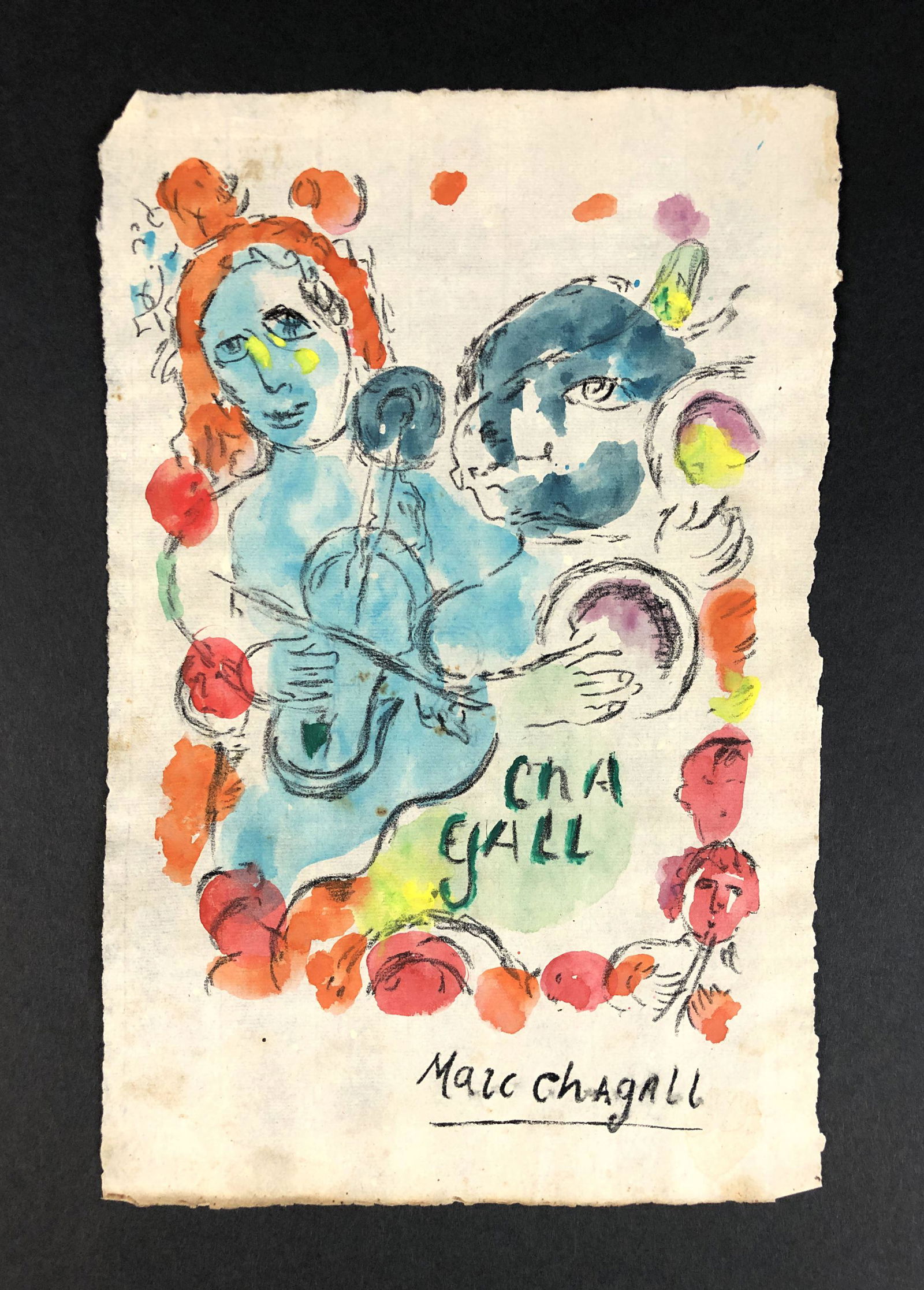 Marc Chagall - Watercolor on Paper (style of): This lot consists of an unframed watercolor illustration on paper, done in the modern art style of Marc Chagall (French, 1887-1985). "Marc Chagall" is hand written at the lower right corner of this ri