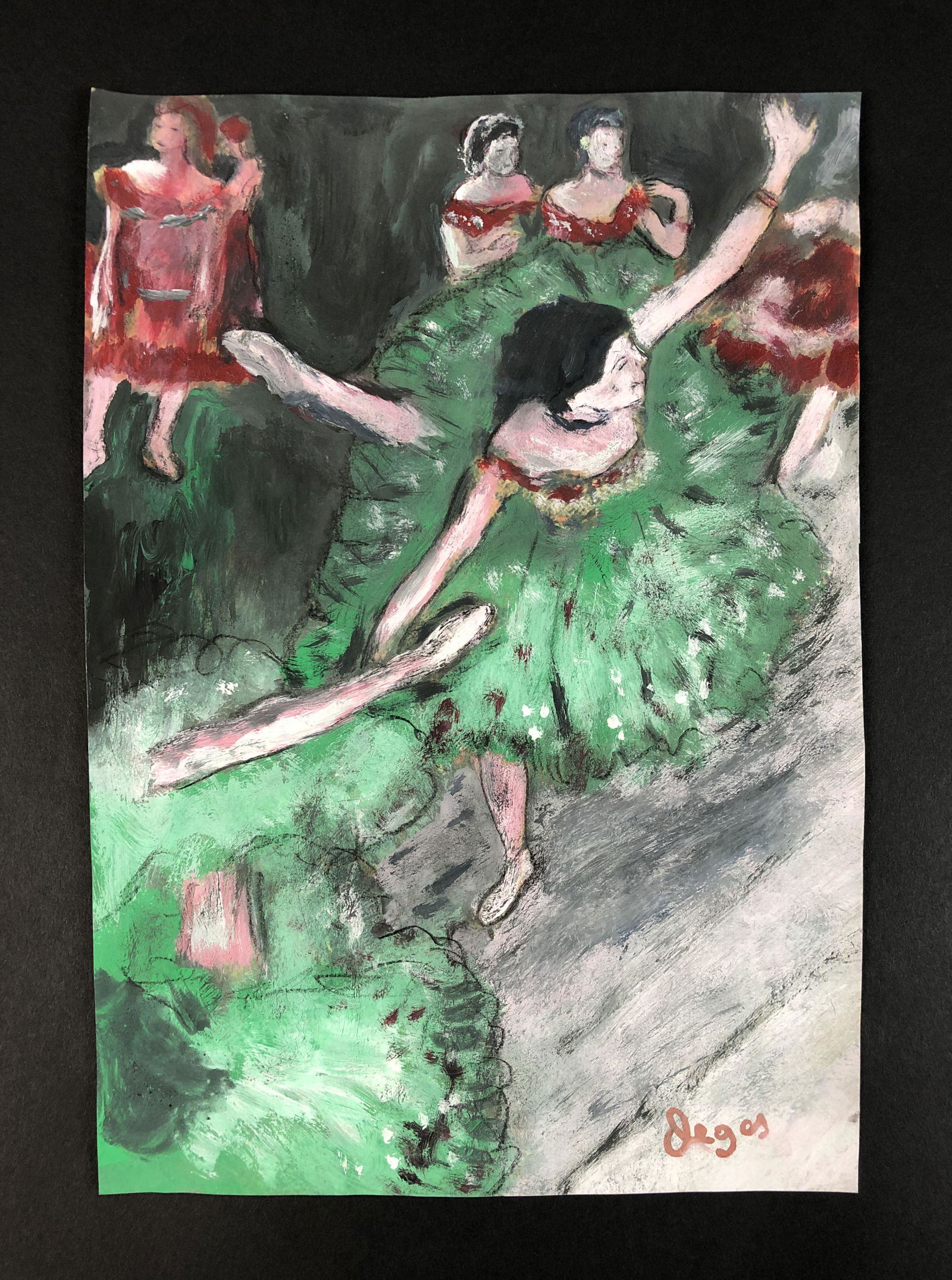 Edgar Degas - Gouache on Paper (style of): This lot consists of an unframed gouache illustration on paper, done in the impressionist style of Edgar Degas (French, 1834-1917). "Degas" is hand written at bottom right. Image depicts a ballet danc