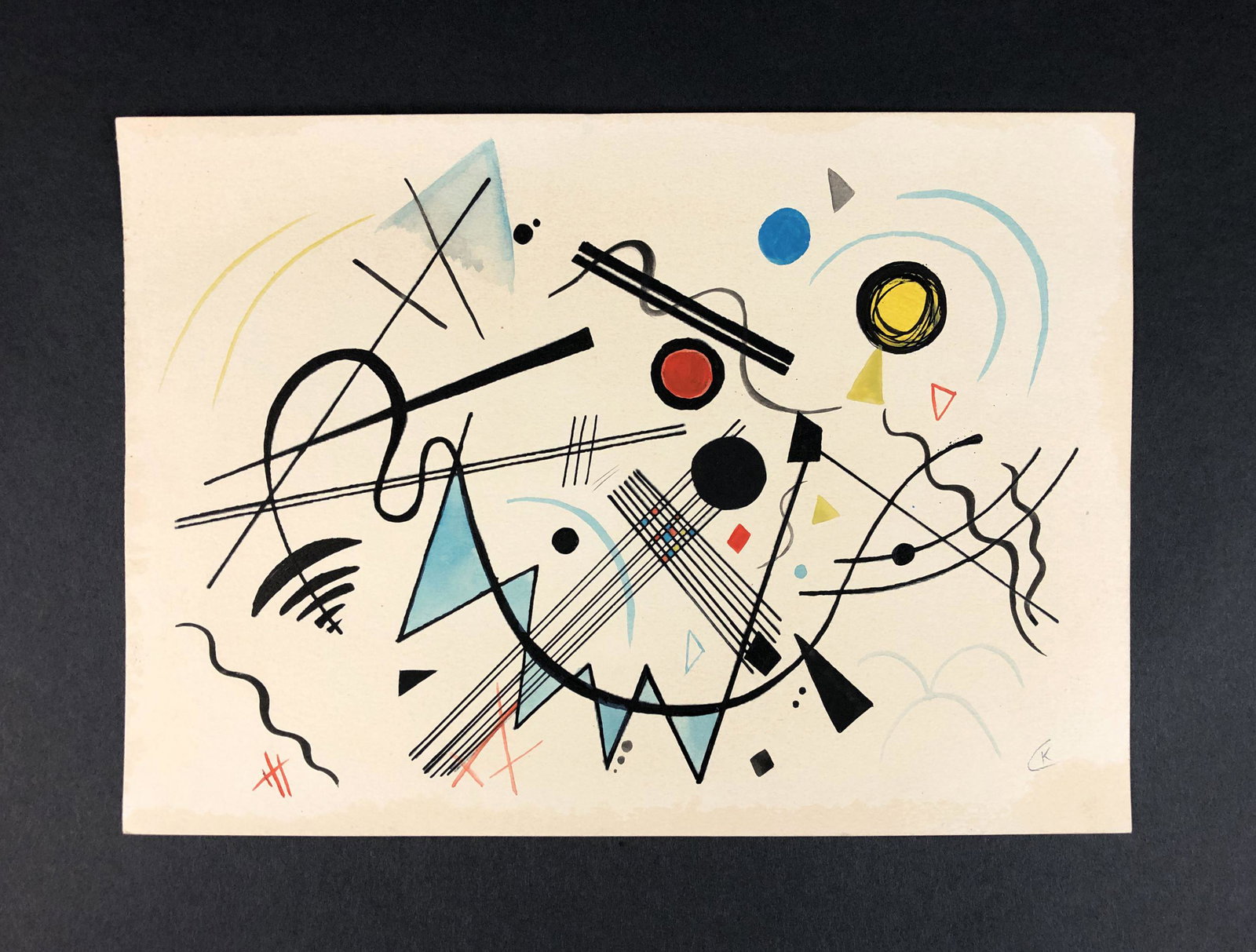 Wassily Kandinsky - Watercolor on Paper (style of): This lot consists of an unframed watercolor illustration on paper, rendered in the abstract expressionist style of modern artist Wassily Kandinsky (Russian, 1866 - 1944). "K" is hand painted at lower 