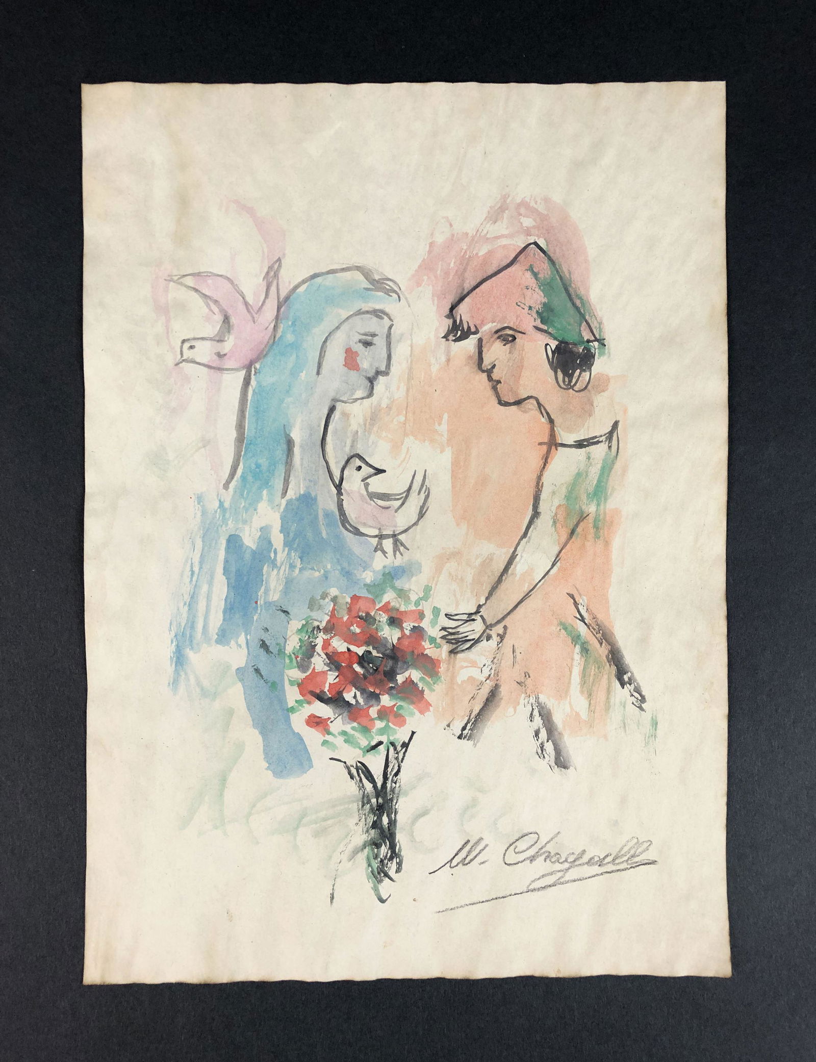 Marc Chagall - Watercolor on Paper (style of): This lot consists of an unframed watercolor illustration on paper, done in the modern art style of Marc Chagall (French, 1887-1985). "M. Chagall" is hand written in graphite at the bottom right corner