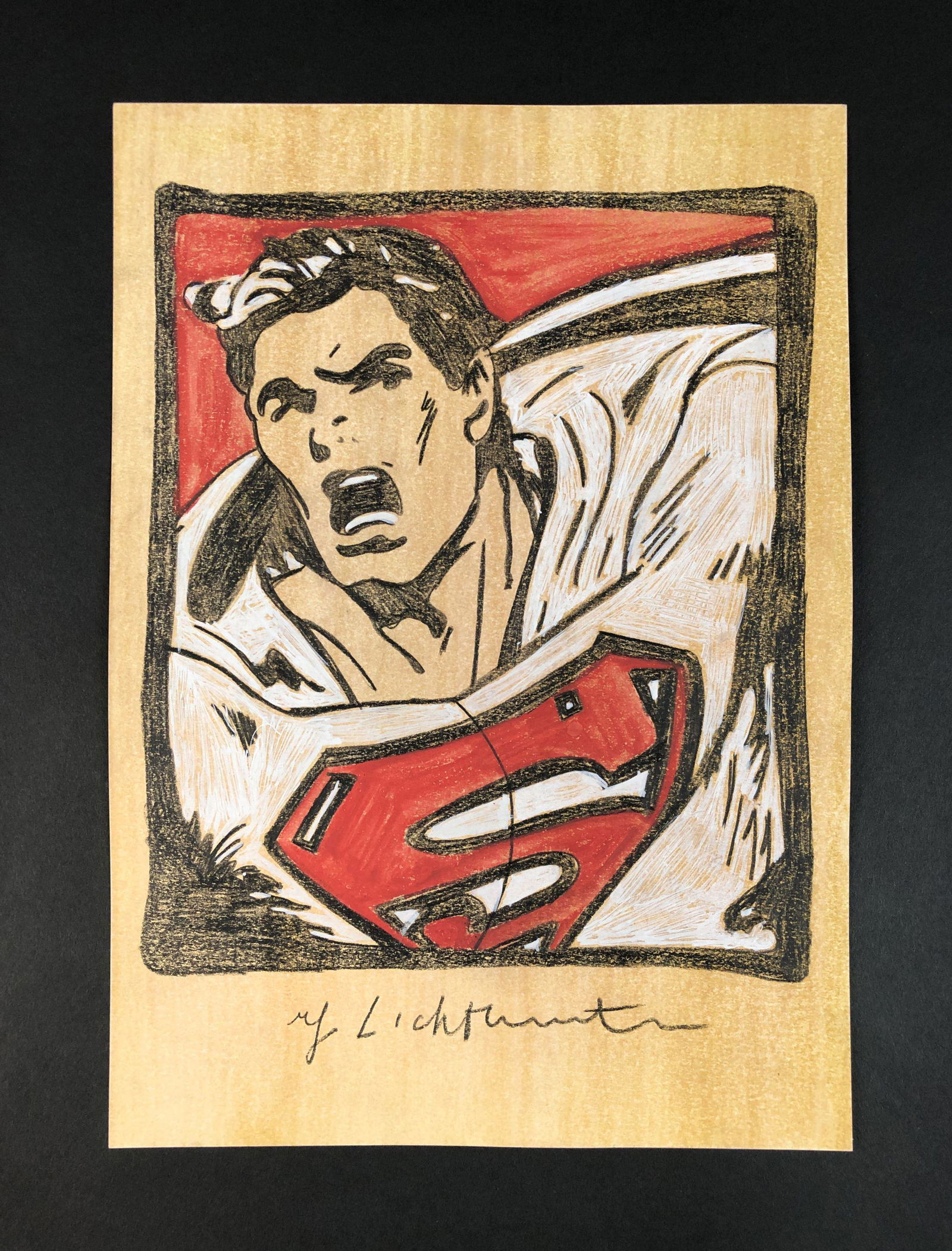 Roy Lichtenstein - Pencil/Paper (style of): This lot consists of an unframed colored pencil illustration on paper, executed in the pop art style of modern artist Roy Lichtenstein (American, 1923-1997). "Roy Lichtenstein" is inscribed at the bot