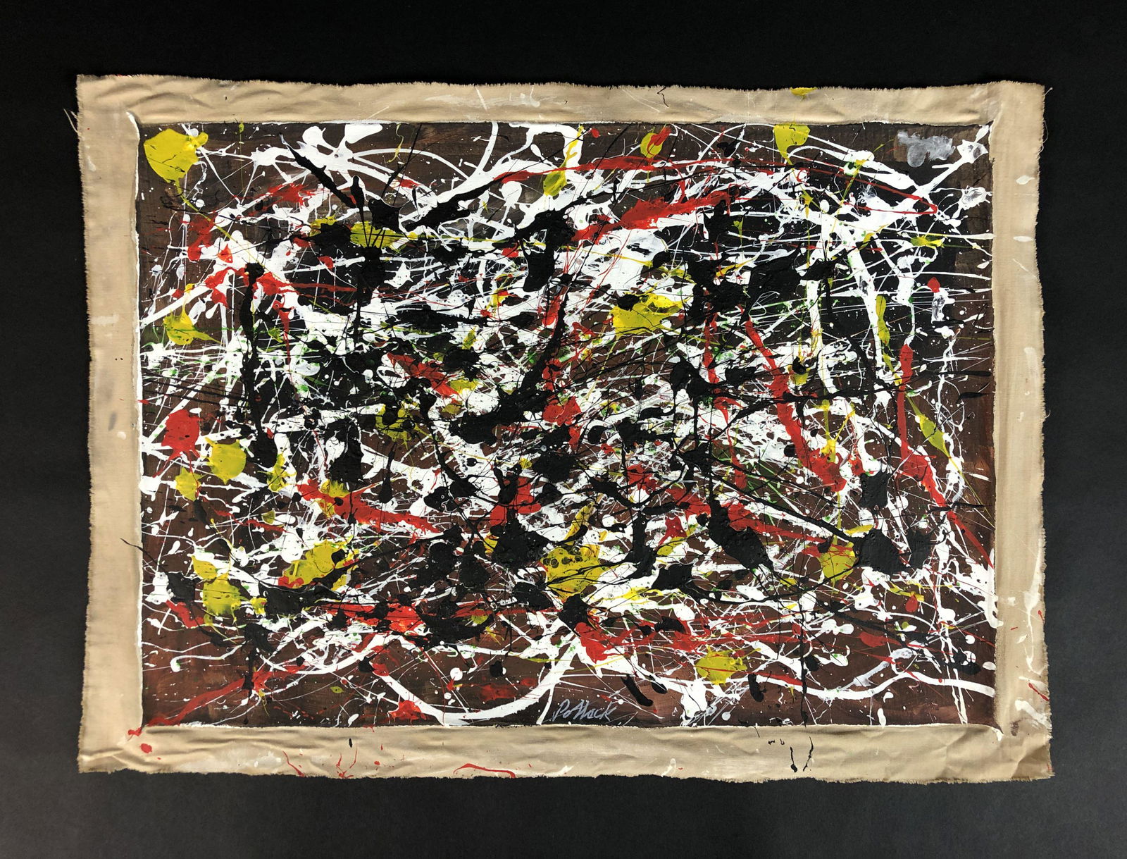 Jackson Pollock - Acrylic on Canvas (style of): This lot consists of a unframed acrylic painting on loose canvas, rendered in the abstract expressionist style of Jackson Pollock (American, 1912-1956). This dynamic image depicts a many-layered colla