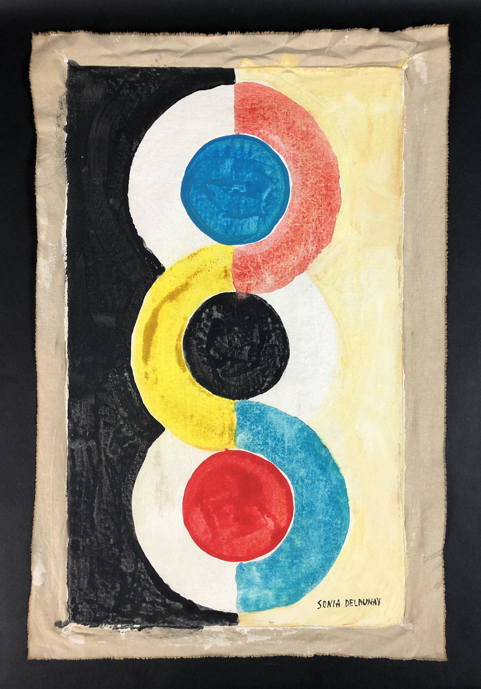 Sonia Delaunay -- Watercolor Painting (style of): This lot consists of an unframed watercolor on loose canvas, done in the vivid Orphism style of Sonia Delaunay (Russian-French, 1885-1979). "Sonia Delaunay" is hand written at lower right. A rich and 