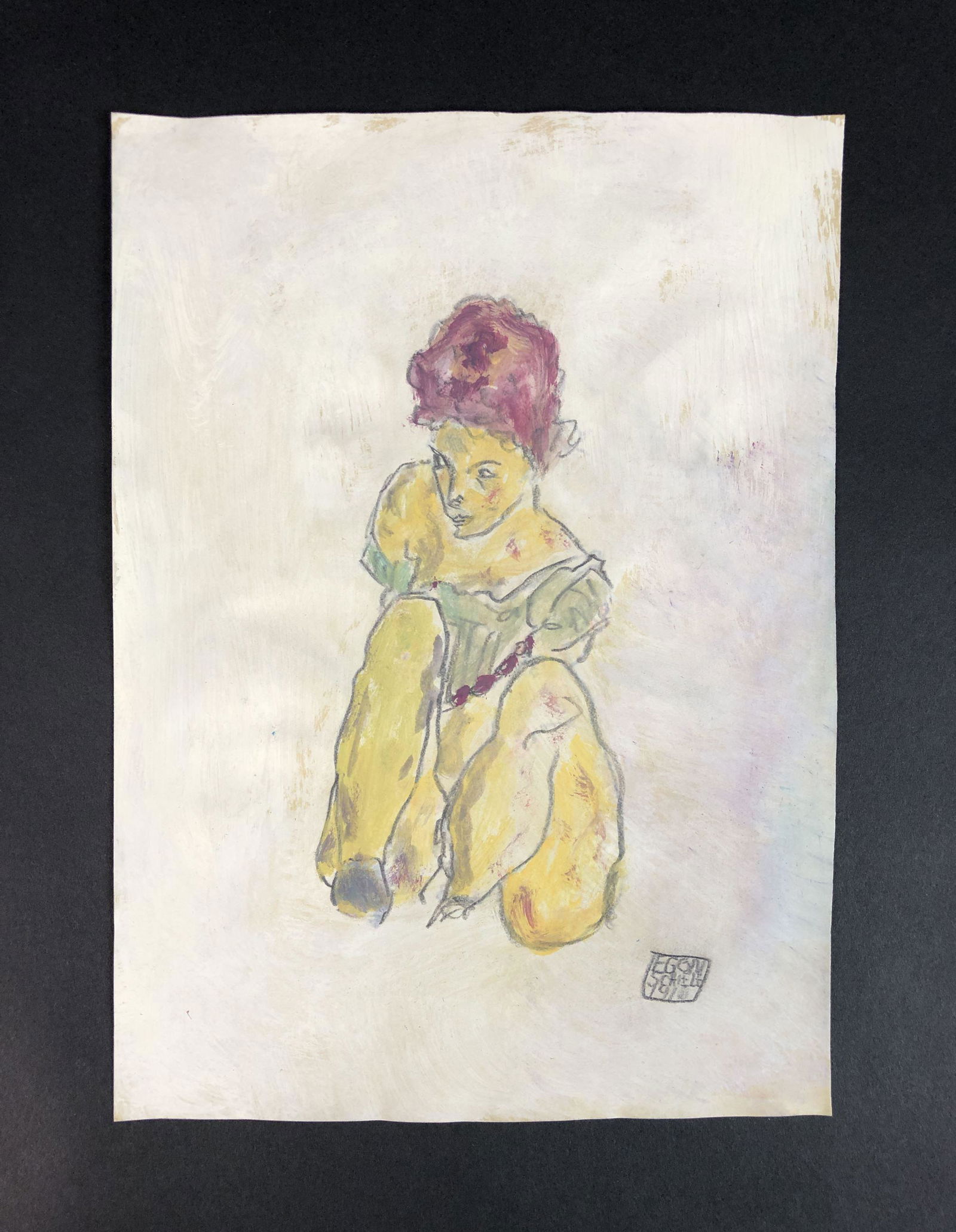 Egon Schiele - Watercolor Illustration (style of): This lot consists of a watercolor illustration on paper, done in the sensual, Art Nouveau style of Egon Schiele (Austrian, 1890-1918). "Egon Schiele 1916" is inscribed at lower right. Image depicts a