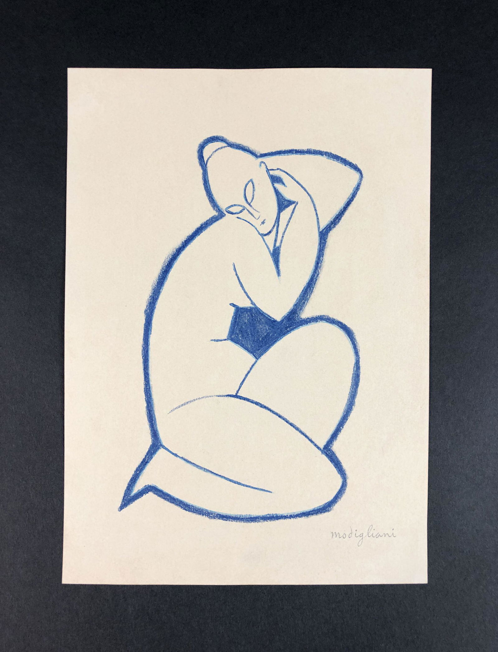Amedeo Modigliani - Colored Pencil (style of): This lot consists of an unframed colored pencil illustration on paper, rendered in the modern style of artist Amedeo Modigliani (Italian, 1884-1920). "Modigliani" is hand-written at lower right. Image