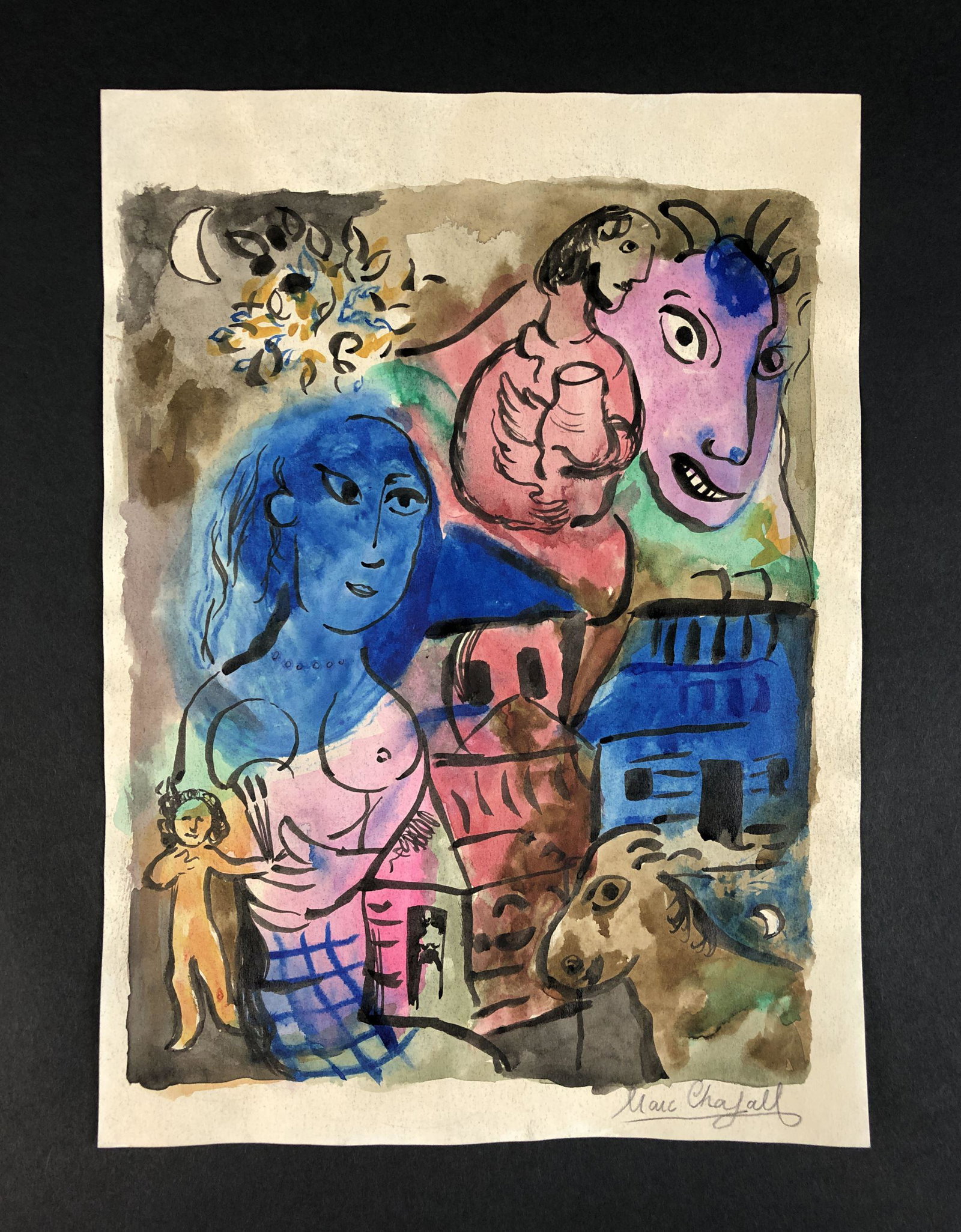 Marc Chagall - Gouache on Paper (style of): This lot consists of an unframed gouache illustration on paper, done in the modern art style of Marc Chagall (French, 1887-1985). "Marc Chagall" is hand written in graphite at the lower right corner o