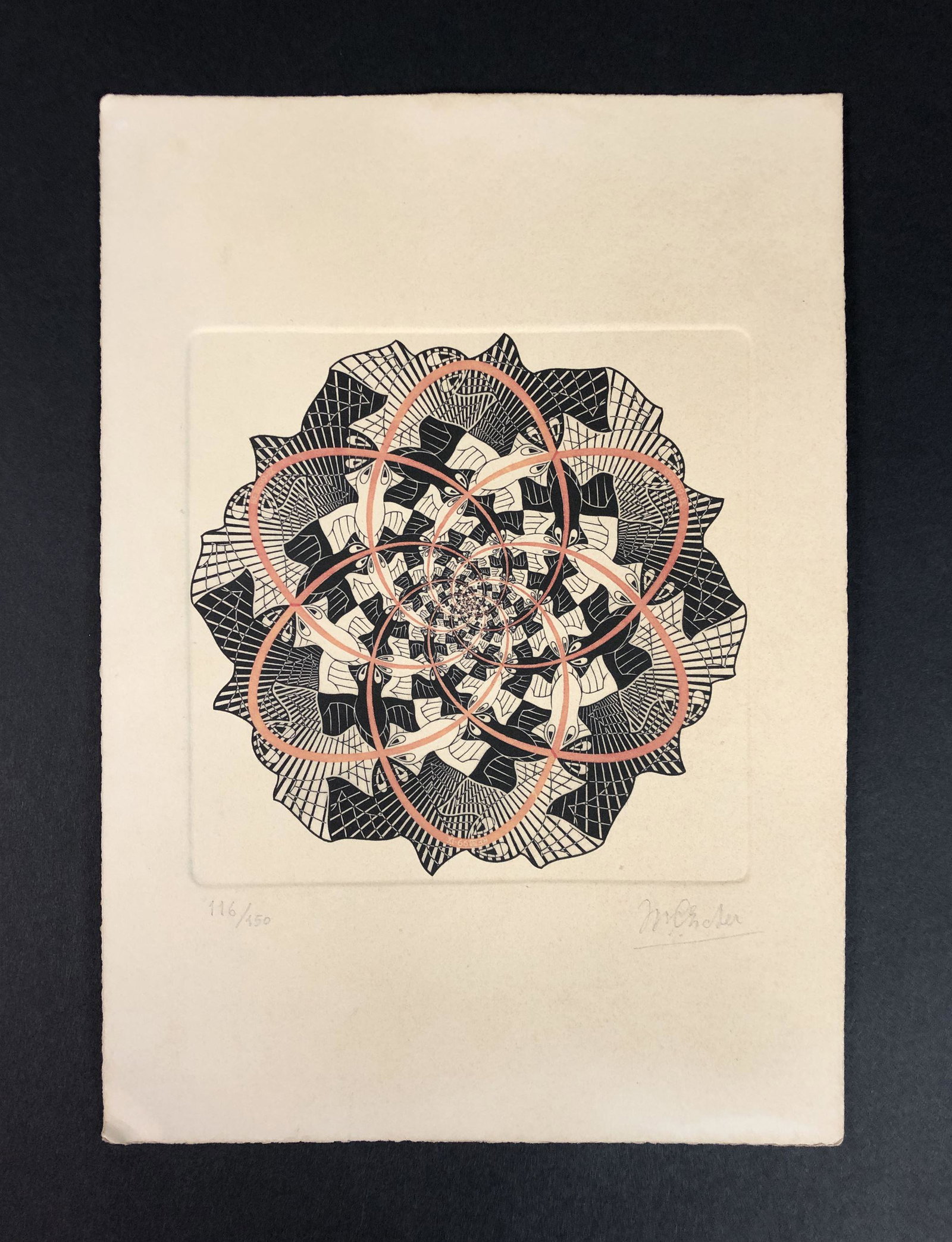 M.C. Escher (1898-1972) - Style of - Fine Art Print: This lot consists of a fine art print on paper, done in the modern style of artist M.C. Escher (Dutch, 1898-1972). Graphite inscription at bottom of composition reads, "No. 116/150. M.C. Escher". Done
