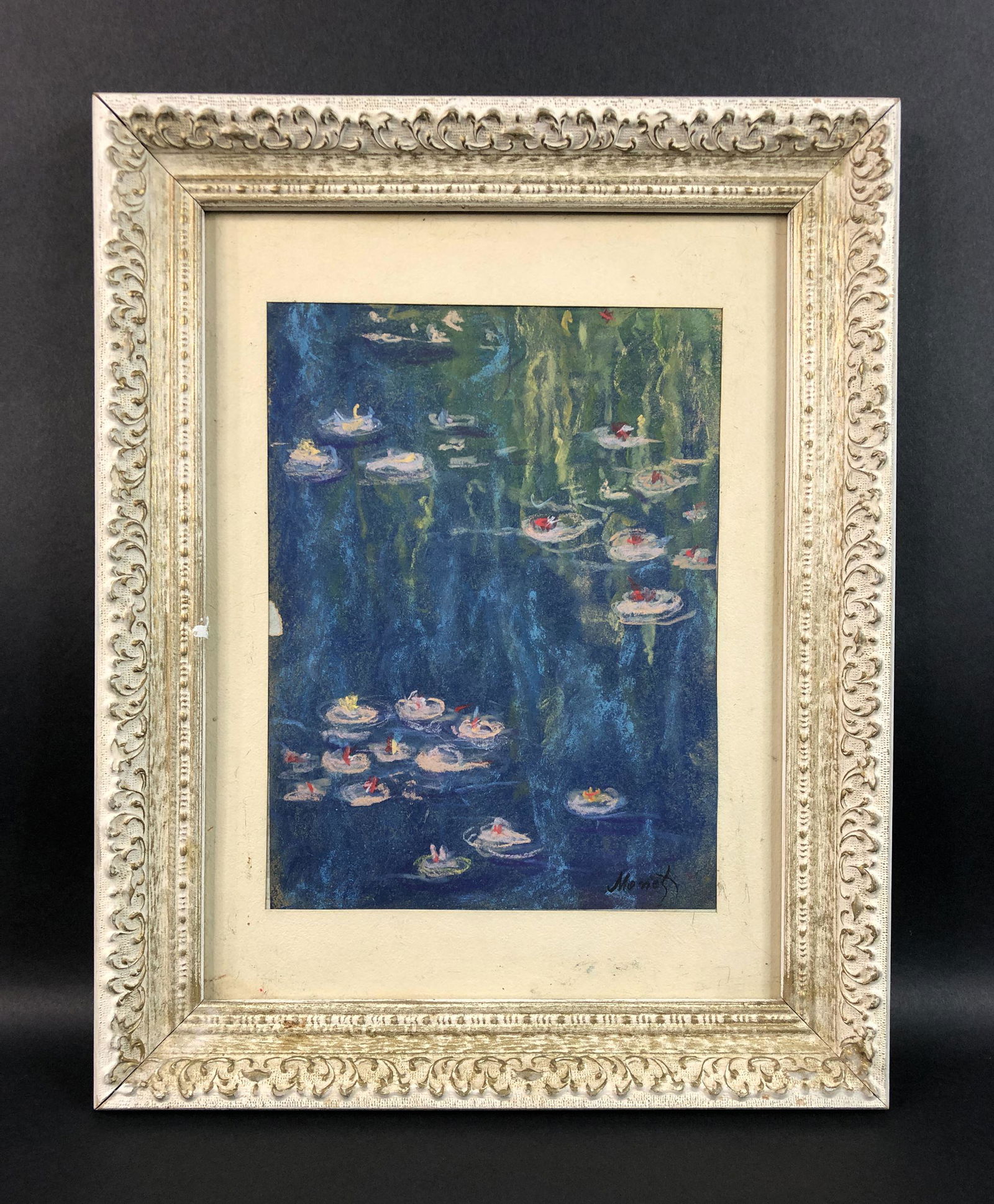 Claude Monet (1840-1926) - Style of - Pastel on Paper: This lot consists of an framed pastel illustration on canvas, done in the shimmering, Impressionistic style of Claude Monet (French, 1840-1926). "Monet" is hand painted at lower right. Awash in tones