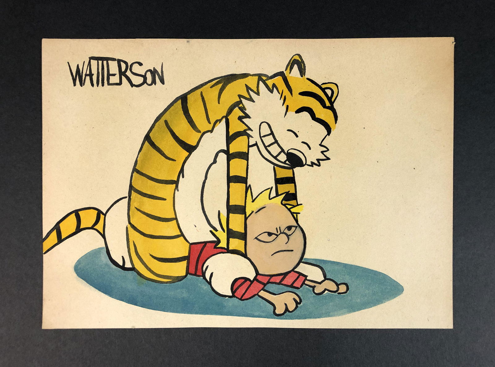 Bill Watterson (1958 - ) - Style of - Ink on Paper: This lot consists of an unframed ink illustration on paper, done in the distinctive cartoon style of Bill Watterson (American, 1958 - ). Handwritten ink inscription at top left reads, "Watterson". Thi