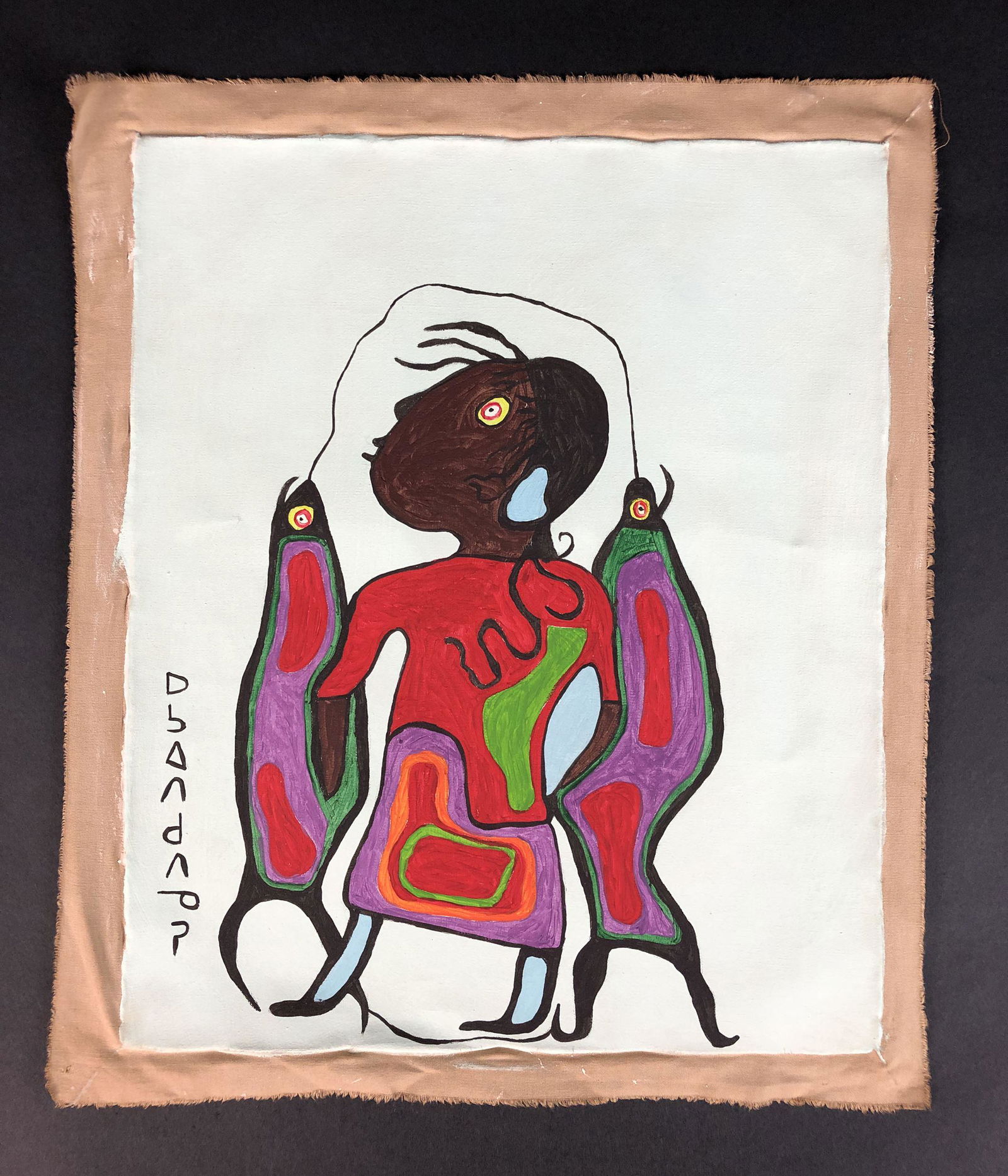 Norval Morrisseau (1932-2007) style of - Oil Painting: This lot consists of a framed oil painting on unstretched canvas, done in the Indigenous Canadian style of modern artist Norval Morrisseau (Canadian, 1932-2007). Image depicts an Indigenous person wit