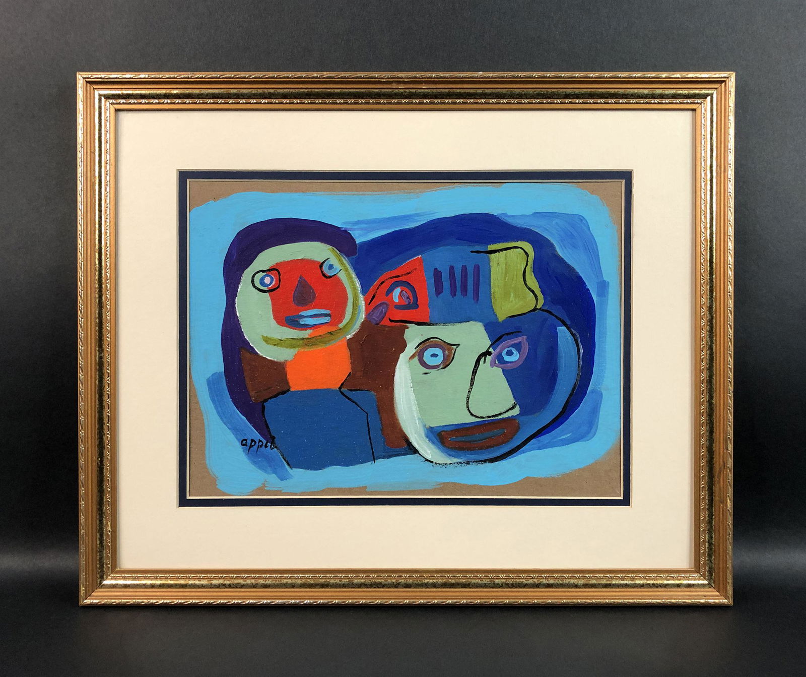 Karel Appel (1921-2006) - Style of - Acrylic on Canvas: This lot consists of a framed acrylic painting on canvas, done in the avant-garde style of Christiaan Karel Appel (Dutch, 1921-2006). Image depicts a melange of geometric shape and harmonizing color.