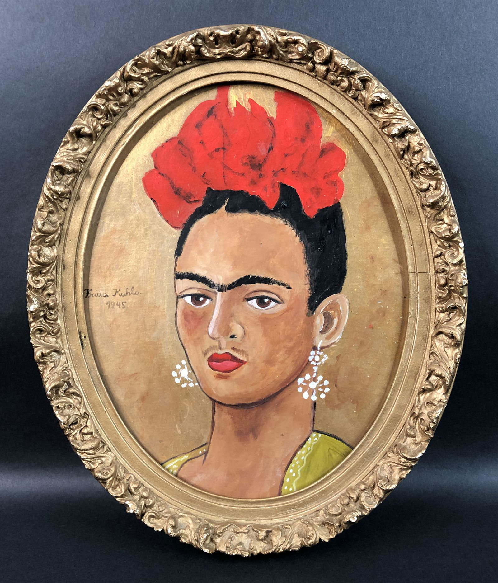 Frida Kahlo (1907-1954) style of - Mixed Media: This lot consists of a mixed media (oil and watercolor) painting on heavy paper, done in the modern style of Frida Kahlo (Mexican, 1907-1954). Handwritten inscription at left side reads, "Frida Kahlo.