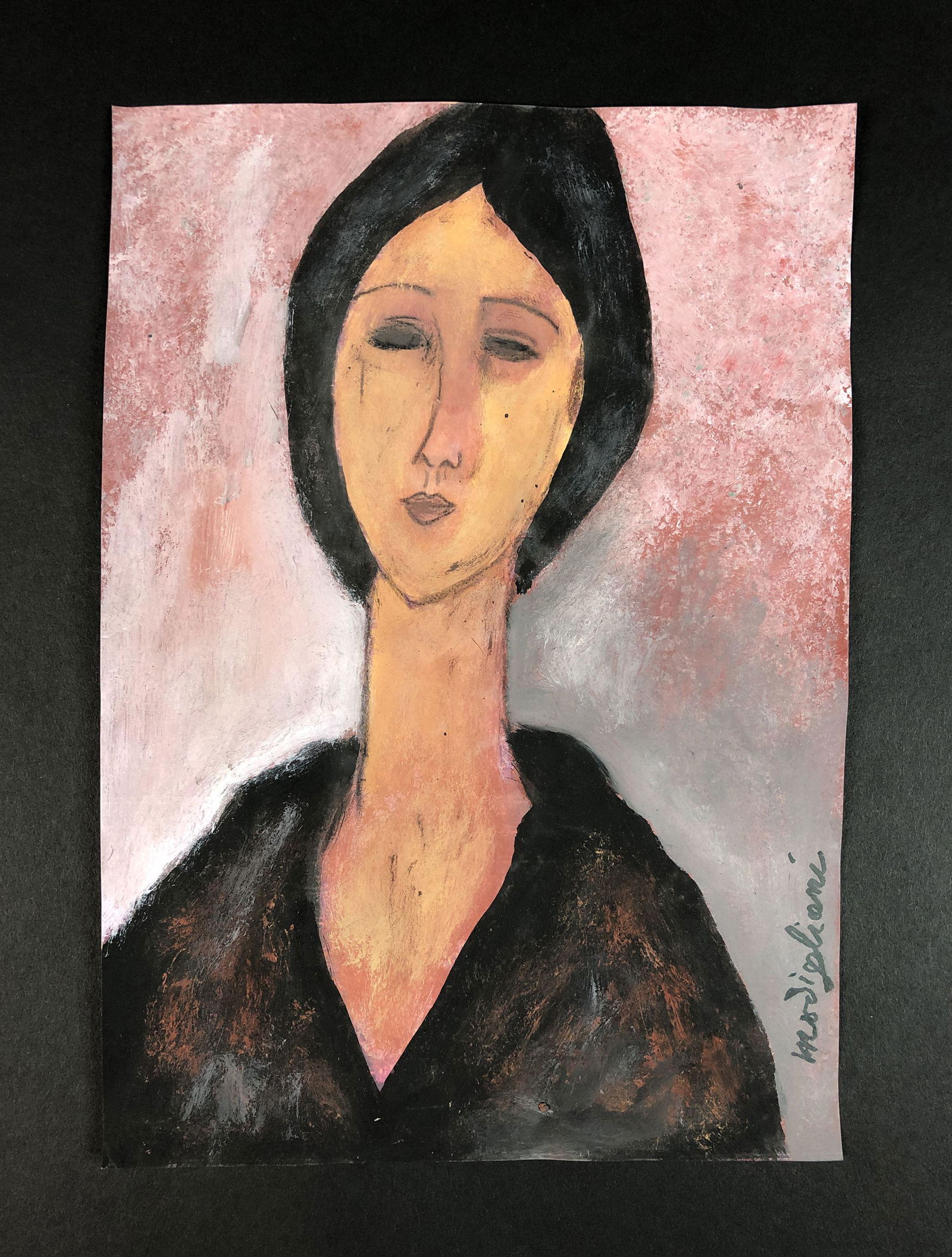 Amedeo Modigliani (1884-1920) style of - Gouache: This lot consists of an unframed gouache illustration on paper, rendered in the modern style of artist Amedeo Modigliani (Italian, 1884-1920). "Modigliani" is hand-written vertically at lower right. I