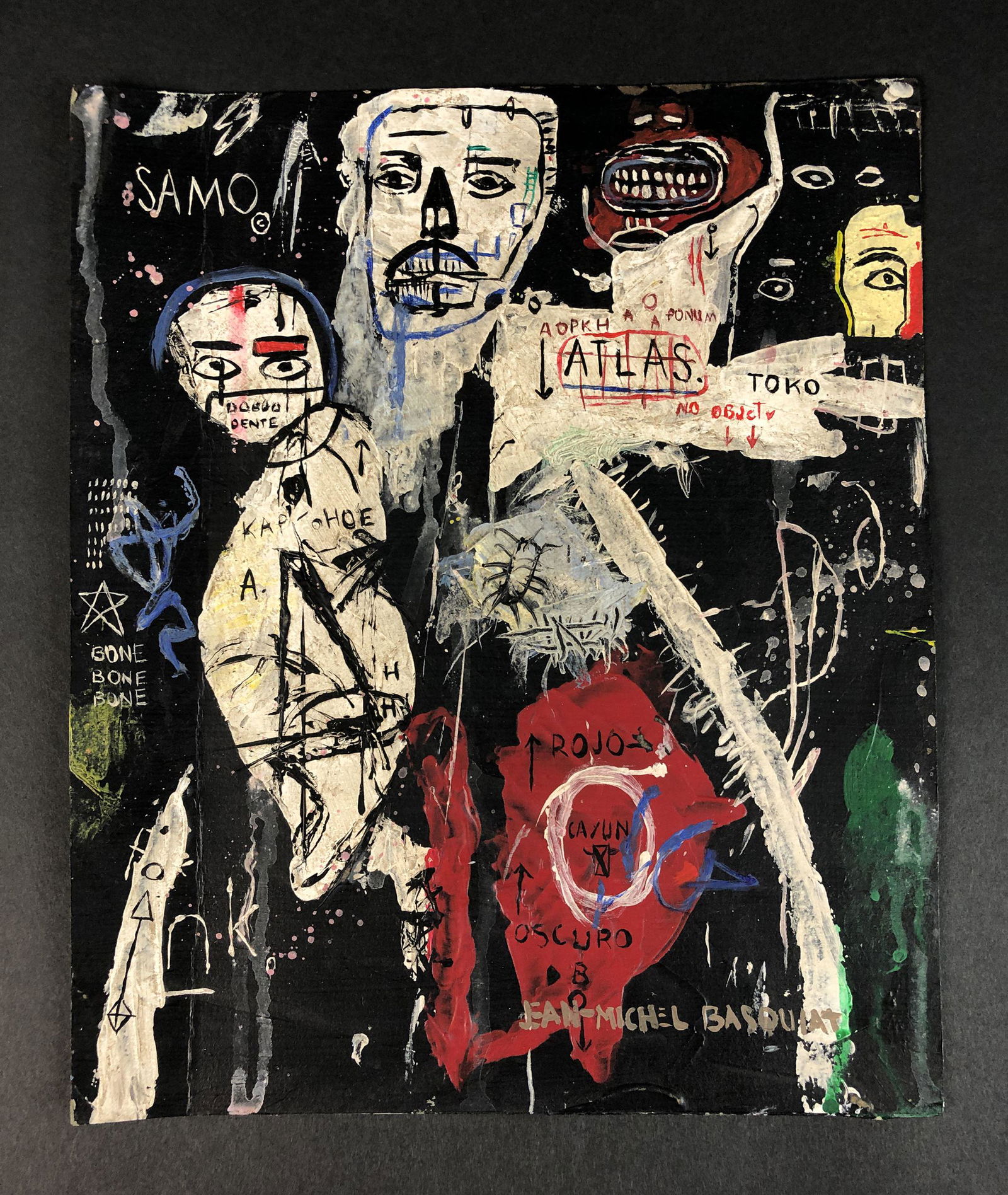 Jean-Michel Basquiat (1960-1988) - Style of - Acrylic: This lot consists of an unstretched acrylic painting on artist board, done in the graffiti art style of the modern street artist, Jean-Michel Basquiat (American, 1960-1988). "Jean Michel Basquiat" is