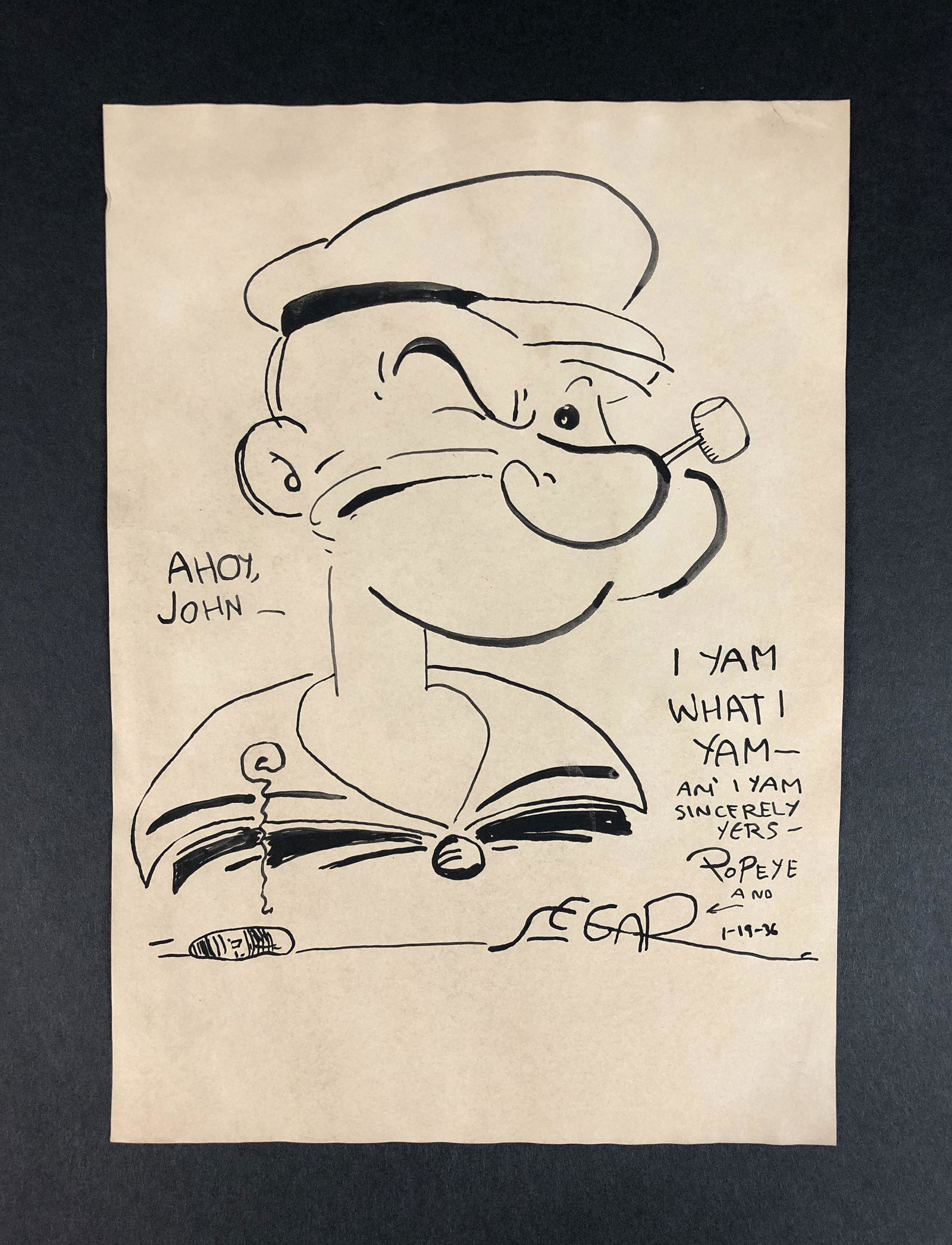 E.C. Segar (1894-1938) - Style of - Ink on Paper: This lot consists of an unframed ink illustration on paper, done in the style of E.C. Segar (American, 1894-1938). Image depicts Segar's original character, Popeye, squinting at the viewer with a fami