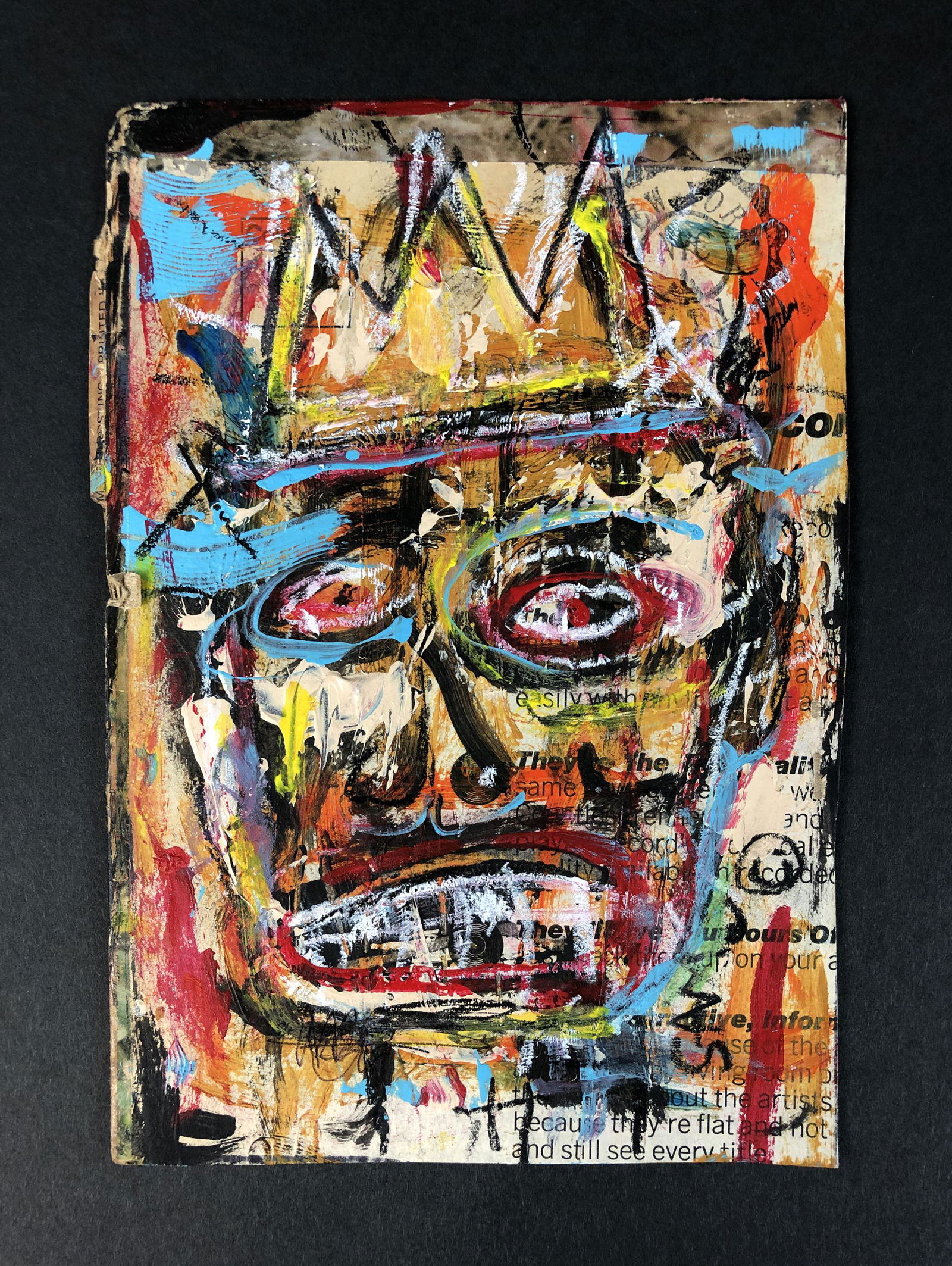 Jean-Michel Basquiat (1960-1988) - Style of - Acrylic: This lot consists of an unframed acrylic painting on artist board, done in the graffiti art style of the modern street artist, Jean-Michel Basquiat (American, 1960-1988). The deep brush strokes and im