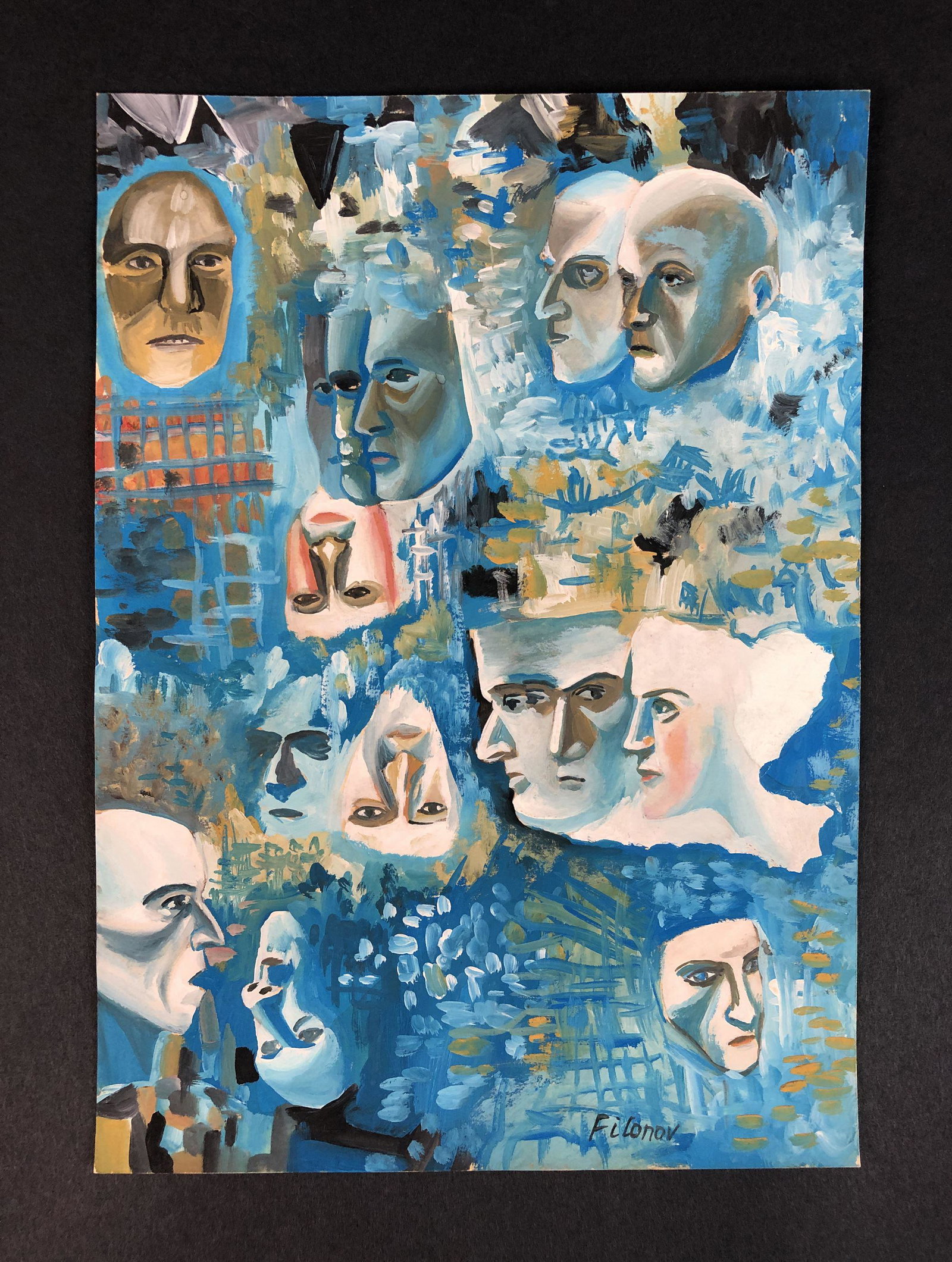 Pavel Filonov (1883-1941) - Style of - Gouache on Paper: This lot consists of an unframed gouache illustration on paper, done in the avant-garde style of Pavel Filonov (Russian, 1883-1941). Image depicts a series of faces in a web of blue lines and patterns