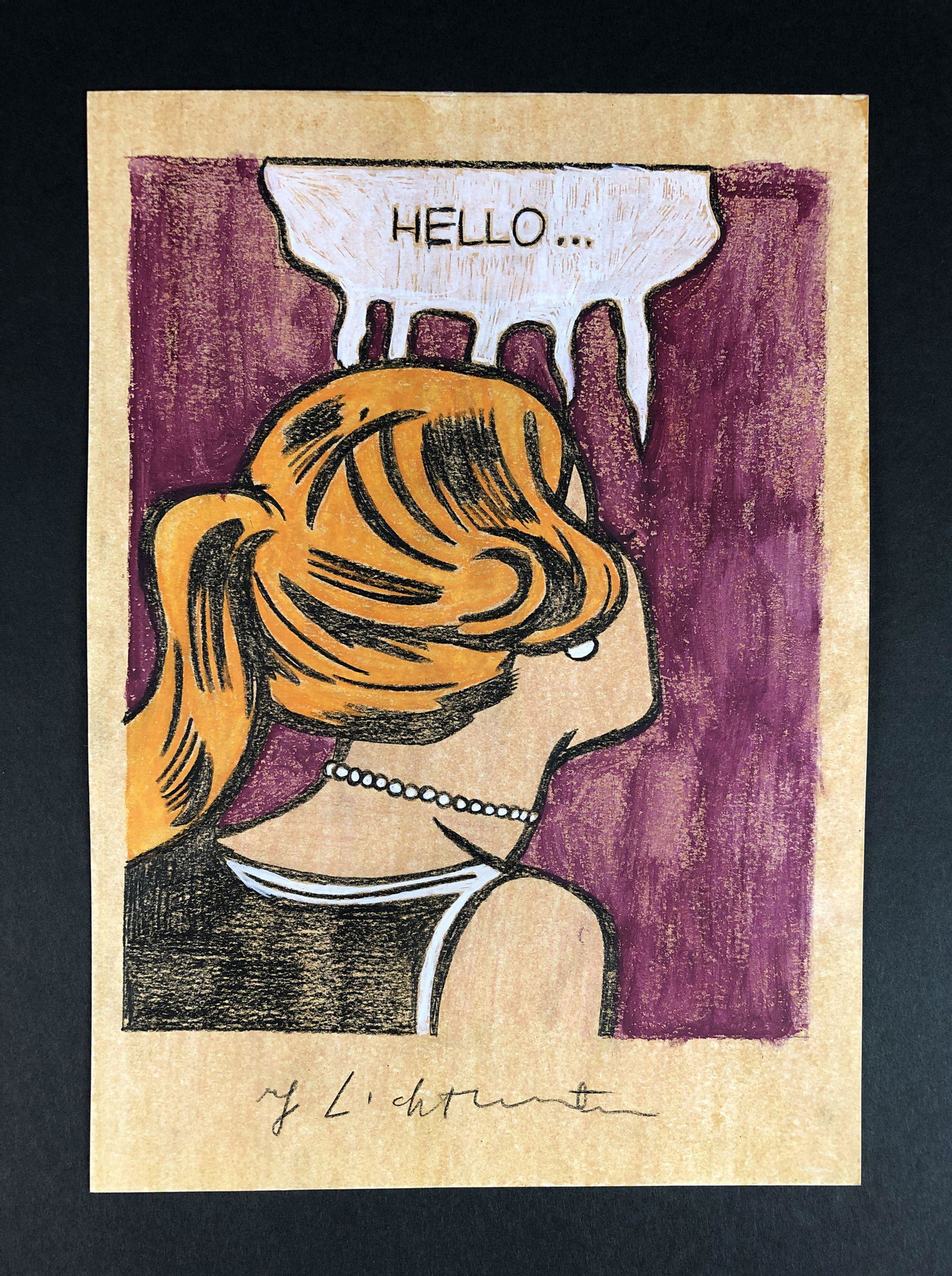 Roy Lichtenstein (1923-1997) - Style of - Mixed Media: This lot consists of an unframed mixed media illustration on paper, executed in the pop art style of modern artist Roy Lichtenstein (American, 1923-1997). "Roy Lichtenstein" is hand written in the bot