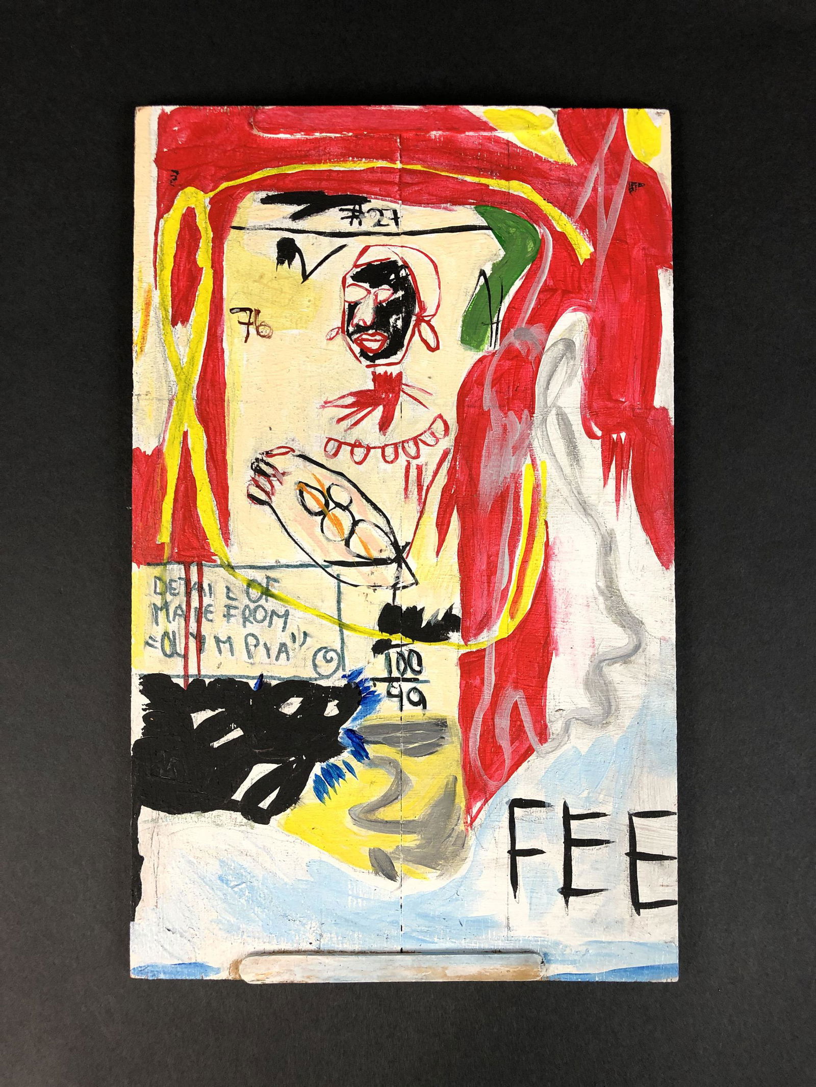 Jean-Michel Basquiat (1960-1988) - Acrylic on Board: This lot consists of an acrylic painting on wooden board, done in the graffiti art style of the modern street artist, Jean-Michel Basquiat (American, 1960-1988). "Jean Michel Basquiat, Maid from Olymp