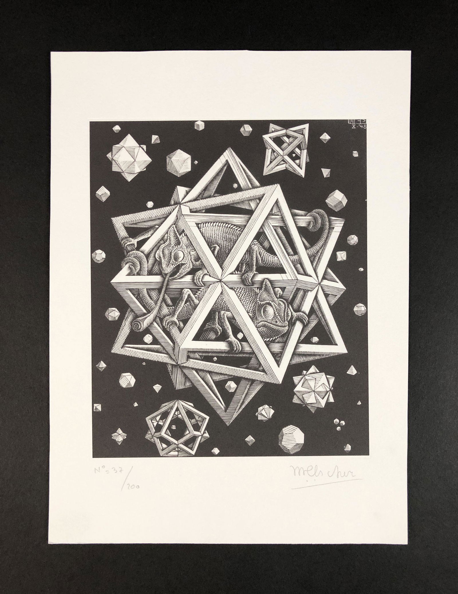 M.C. Escher (Dutch, 1898-1972) style of - Fine Art: This lot consists of a fine art print on paper, done in the modern style of artist M.C. Escher (Dutch, 1898-1972). Graphite inscription at bottom of composition reads, "No. 37/200. M.C. Escher". This