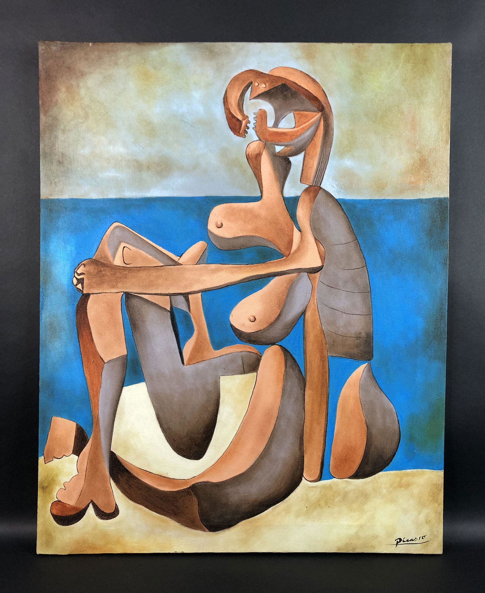 Pablo Picasso (1881-1973) - Style of - Oil on Canvas: This lot consists of an unframed oil painting on canvas, rendered in the abstract style of modern artist Pablo Picasso (Spanish, 1881-1973). A hand-painted inscription at bottom right reads, 'Picasso"