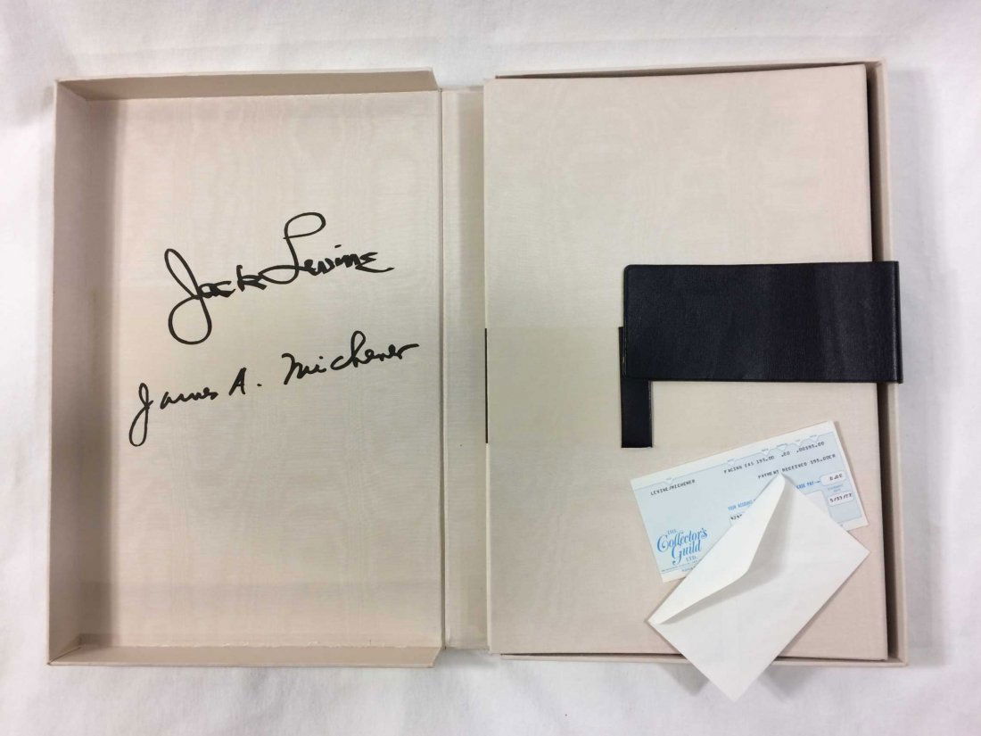 Facing East by James Michner and Jack Levine -- Signed: James Michner and Jack Levine. Facing East. New York: Maecenas, 1970. Tall folio, Signed silk portfolio with leather flap, with accompanying leather portfolio of 54 sketchbook reproductions, housed to