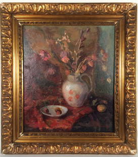 Original Oil on Canvas Signed "Boris Anisfeld": Original oil on canvas signed "Boris Anisfeld" with an indisguishable date below in lower right corner. Still life of flowers in a pitcher on a table alongside a small bowl with fruit done in the impr