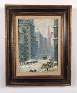 Original Oil on Canvas Signed "Guy Wiggins, NA": An original oil on canvas signed lower right, "Guy Wiggins NA" (National Academy). Image depicts a snowy day down Wall Street in New York City with flags flying off of several buildings and Trinity