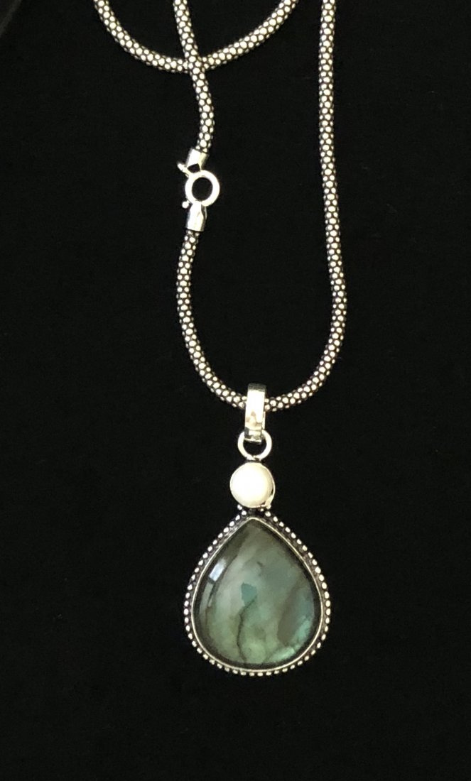 Labradorite, Pearl & Sterling Silver Pendant w/Chain (1 of 3)