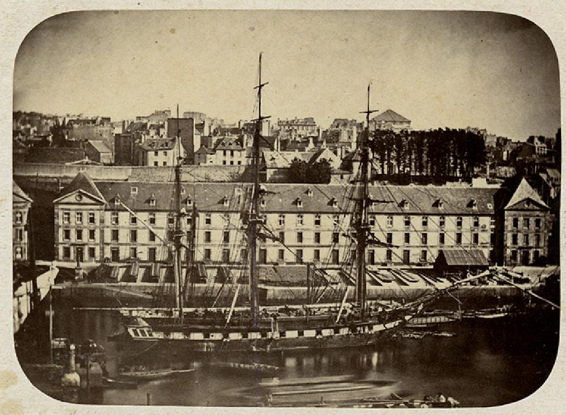 FRENCH CORVETTE IN BREST, 1860'S. Albumen print: FRENCH CORVETTE IN BREST, 1860'S. A nice 2 1/2 x 3 7/8 albumen print with rounded corners mounted on a card, with an inscription in French stating that this is the Galathee with 30 sails, that took pa