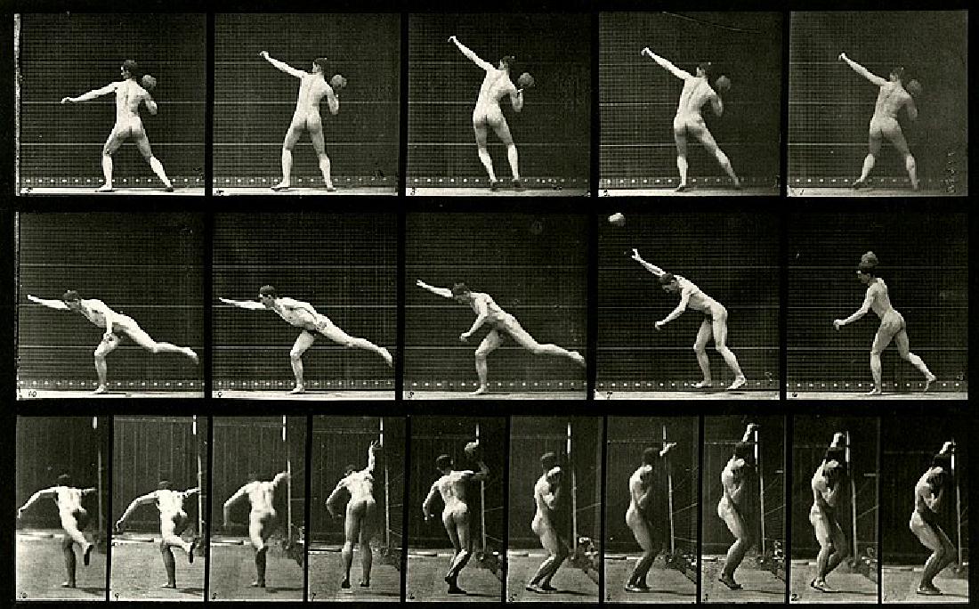 EADWEARD MUYBRIDGE. Nude man throws a ball or stone.: EADWEARD MUYBRIDGE. Nude man throws a ball or stone. The action begins at the right of the top row and continues from right to left on the middle row. The bottom row contains 10 images of the same act