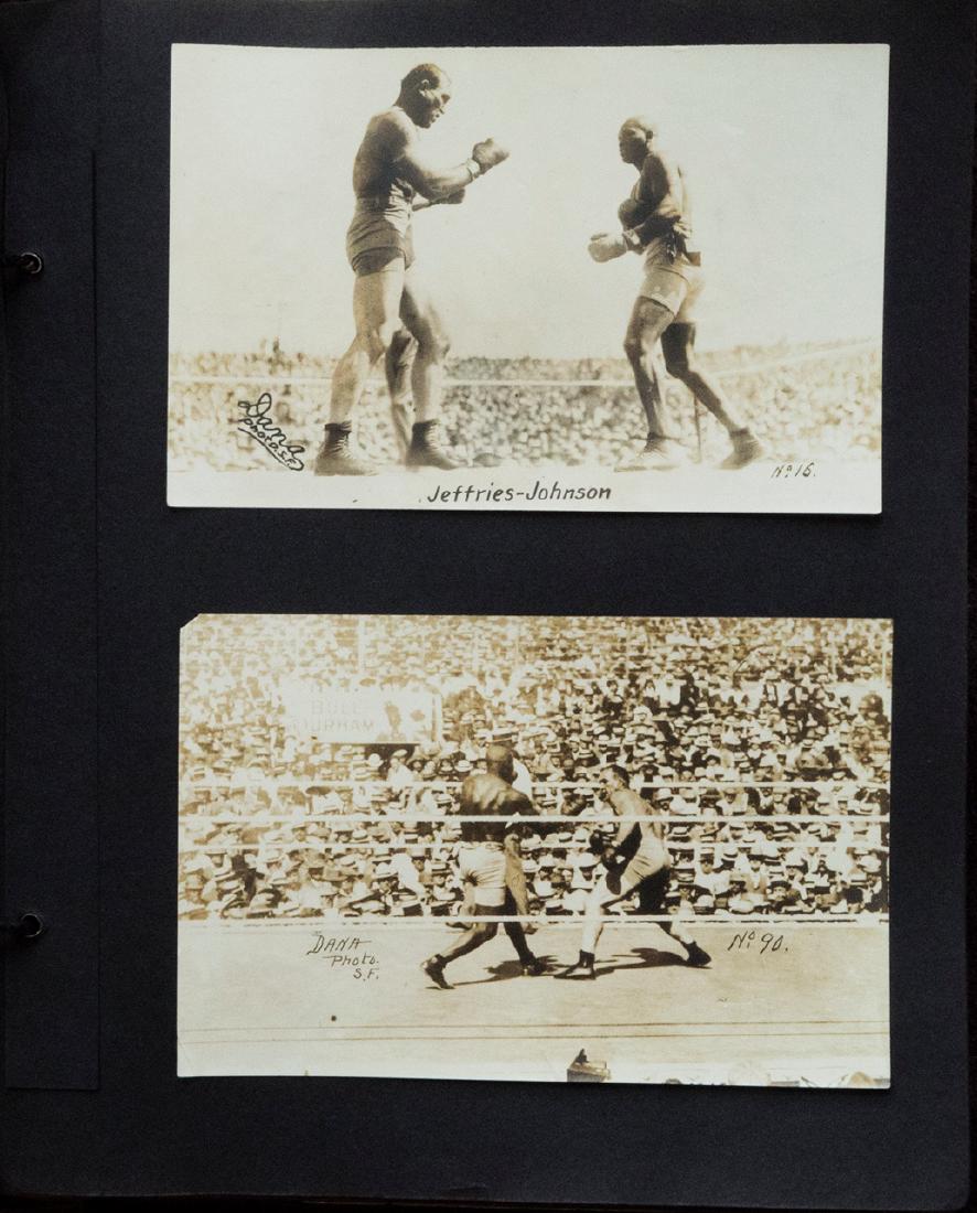 Jack Johnson-Jim Jeffries fight in Reno, July 4th 1910.: Jack Johnson-Jim Jeffries fight in Reno, July 4th 1910. Photo album with over 100 vintage photos, many notations in white pen on the black pages. Prints on P.O.P. paper in sizes 5 ¼ x 4 x 3 &fr