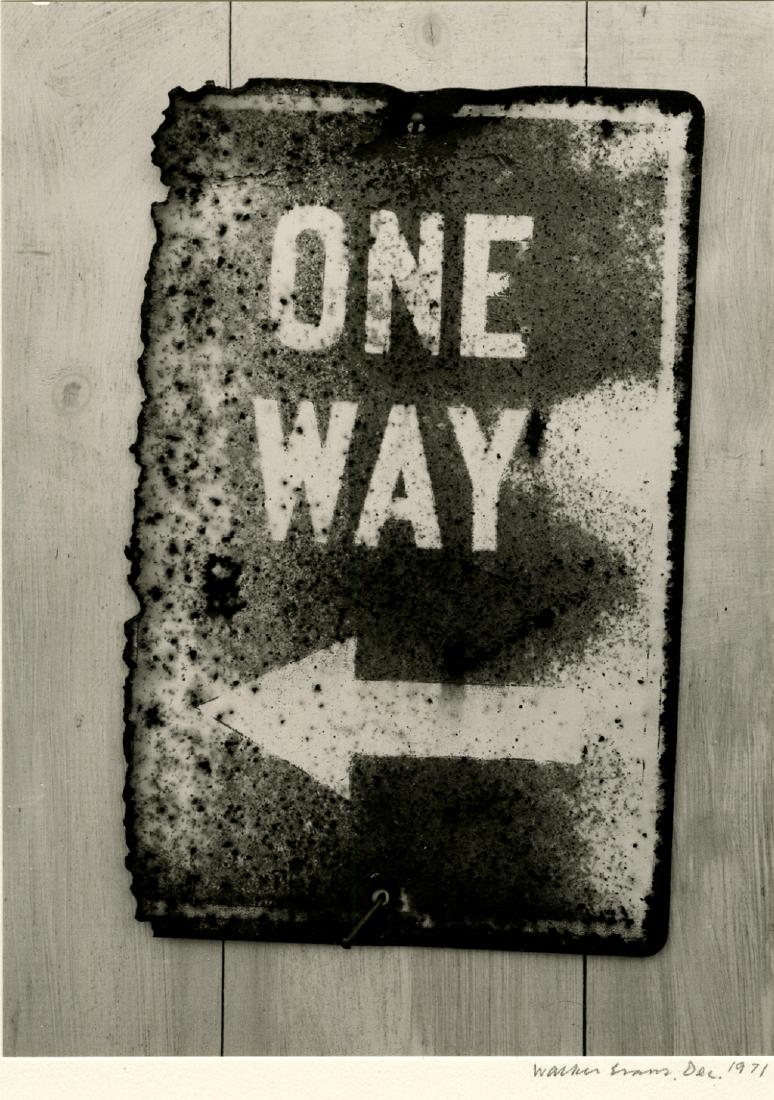 Walker Evans, Street Sign, 1971. Gelatin silver print,: Walker Evans, Street Sign, 1971. Gelatin silver print, 7 ½ x 5 ½ inch image dry mounted on a 17 ½ x 14 - inch board, signed and dated beneath the print, with Evans' stamp on the v