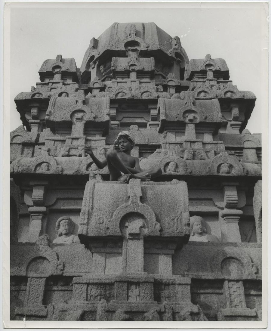 John Gutmann, “South Indian Village Temple": John Gutmann, Â“South Indian Village Temple.Â” 1945. 10 x 8 ferrotyped gelatin silver print, single weight paper. A boy sits up on the carvings. At first he seems to be one of the carvings. Gutm