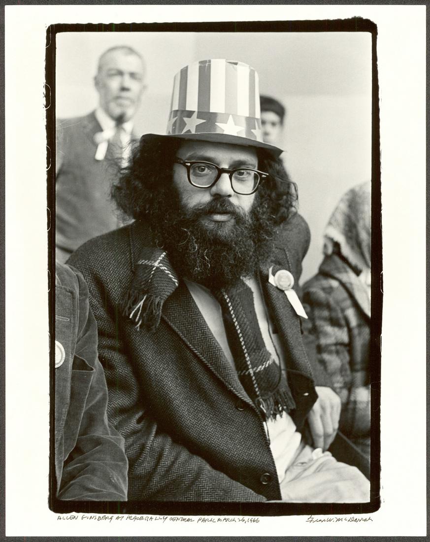 Fred W. McDarrah, "Alan Ginsberg at Peace Rally": Fred W. McDarrah, “Alan Ginsberg at Peace Rally Central Park March 26 1966.” 12 ¾ x 8 ¾ -inch gelatin silver print, title and signature in pen on the bottom margin. A card with McDarrah’s Copy