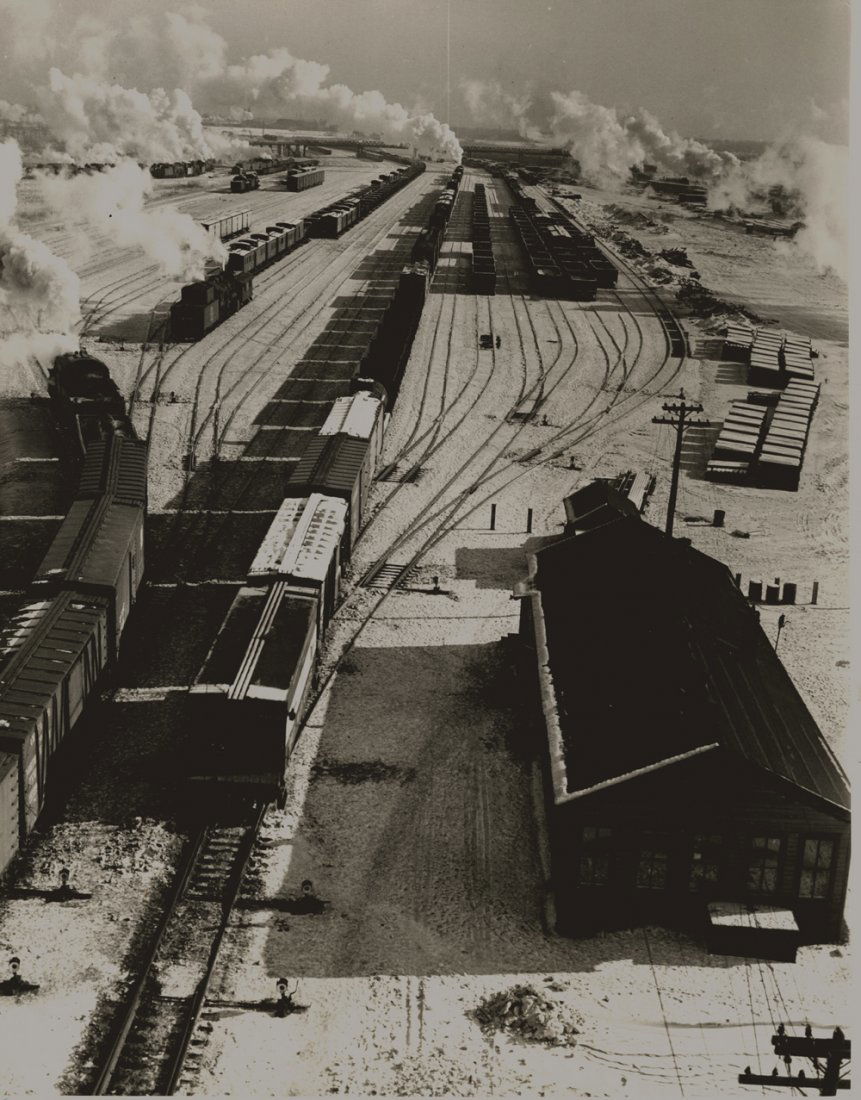 Jack Delano. Central and Northwern RR Yards Chiocago: Jack Delano."A general view of one of the classification yards at Proviso Yard. Central and Northwestern RR. Chicago, Ill. Dec 1942." 14 x 11 inch vintage gelatin silver print on double weight paper,