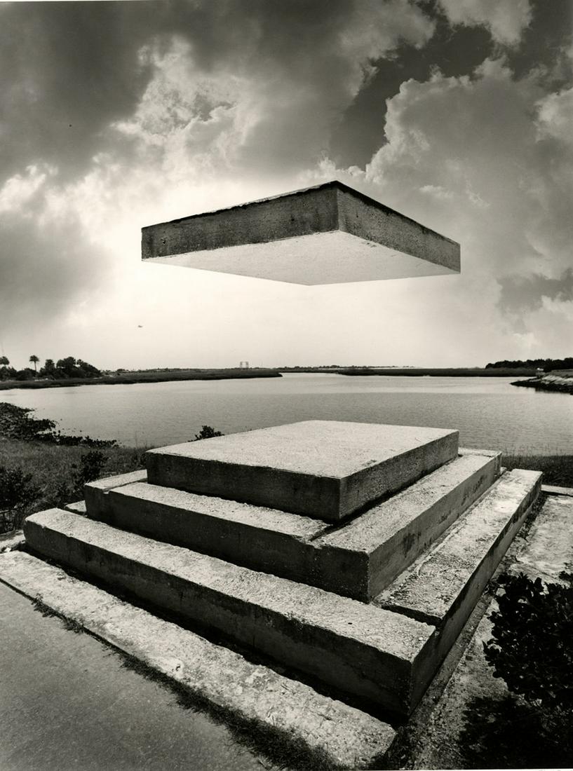 Jerry Uelsmann, Untitled.. Monument with lifted slab. (1 of 3)