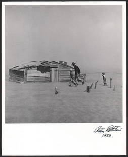 ARTHUR ROTHSTEIN, Dust Storm. 1936, printed later.: ARTHUR ROTHSTEIN, Dust Storm. 1936, printed later. 10 x 10 inch gelatin silver print flush mounted on a 13 x 10 ¾ inch mount. Signed and dated on recto. This is Rothstein’s most Iconic