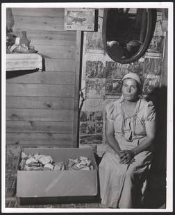 JOHN VACHON, &#8220;Saginaw County Michigan, Mexican woman living in the sugar beet area.: JOHN VACHON, &#8220;Saginaw County Michigan, Mexican woman living in the sugar beet area. Silver print, 9 &frac12; x 7 &frac12; inch image on a 10 x 8 sheet. Negative number in pencil on verso. &#8220